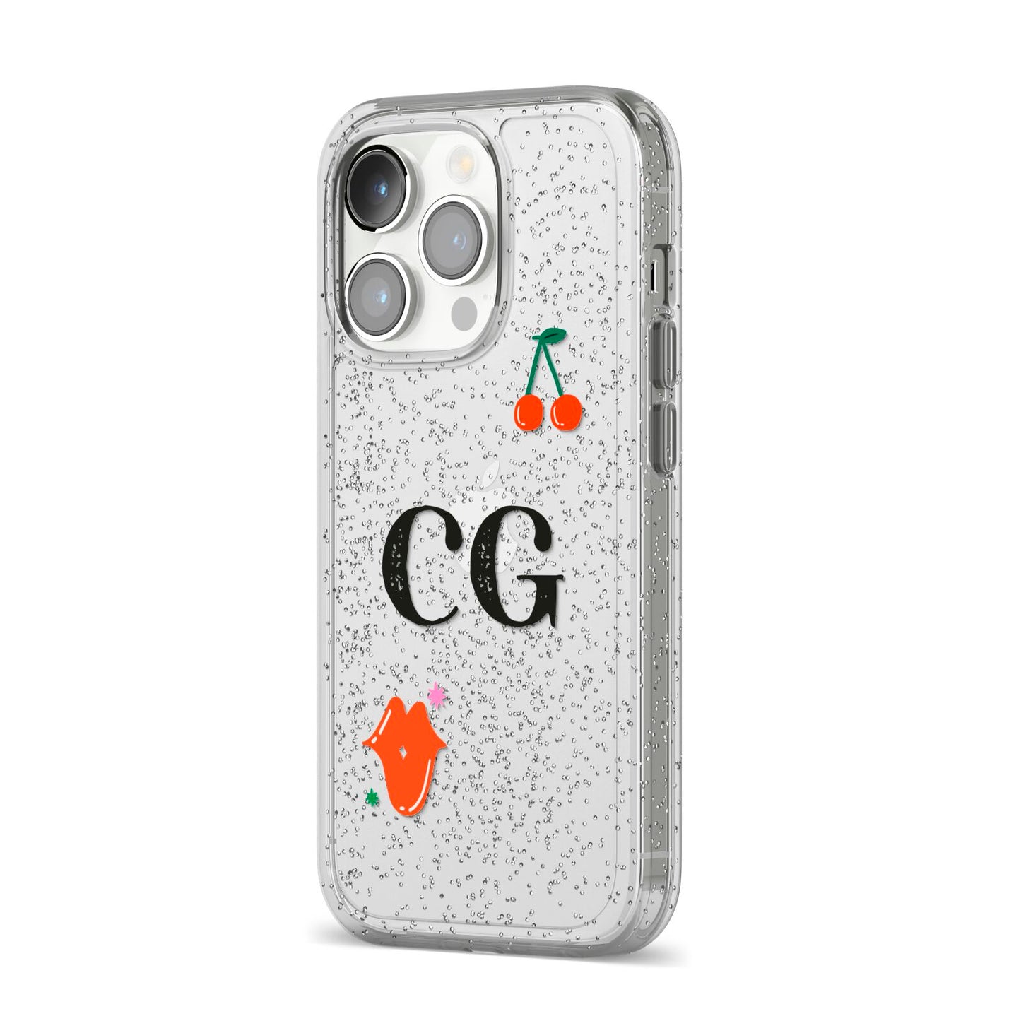 Personalised Initials Cherry iPhone 14 Pro Glitter Tough Case Silver Angled Image