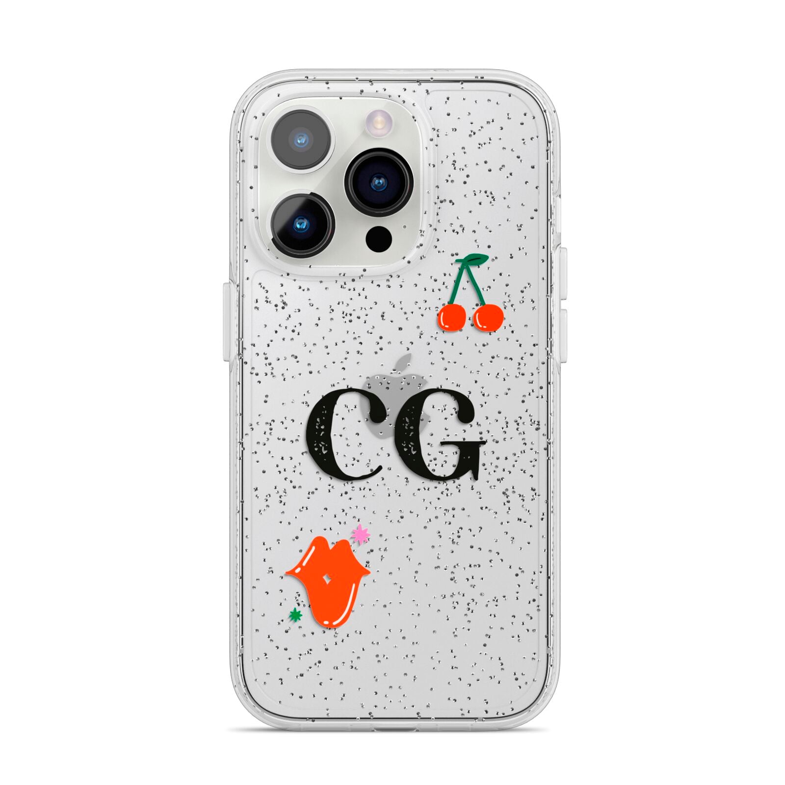 Personalised Initials Cherry iPhone 14 Pro Glitter Tough Case Silver