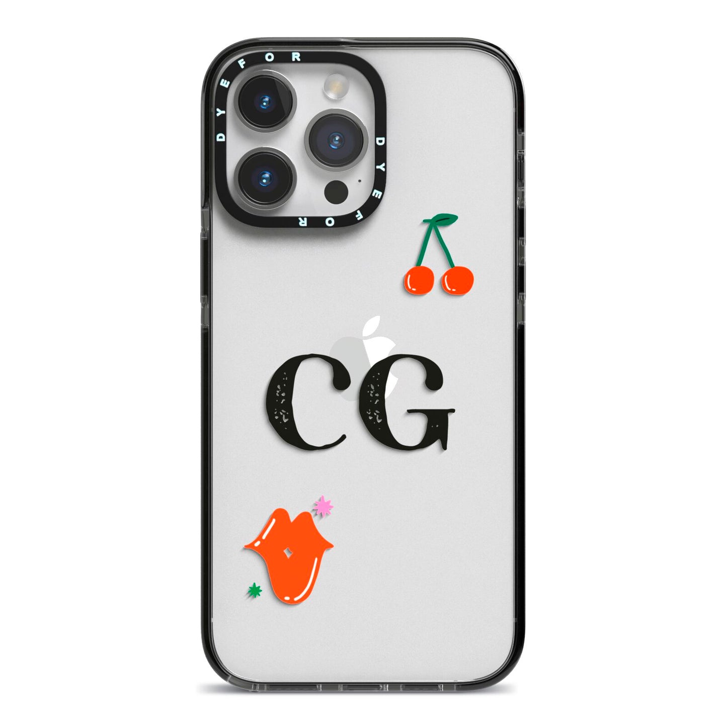 Personalised Initials Cherry iPhone 14 Pro Max Black Impact Case on Silver phone