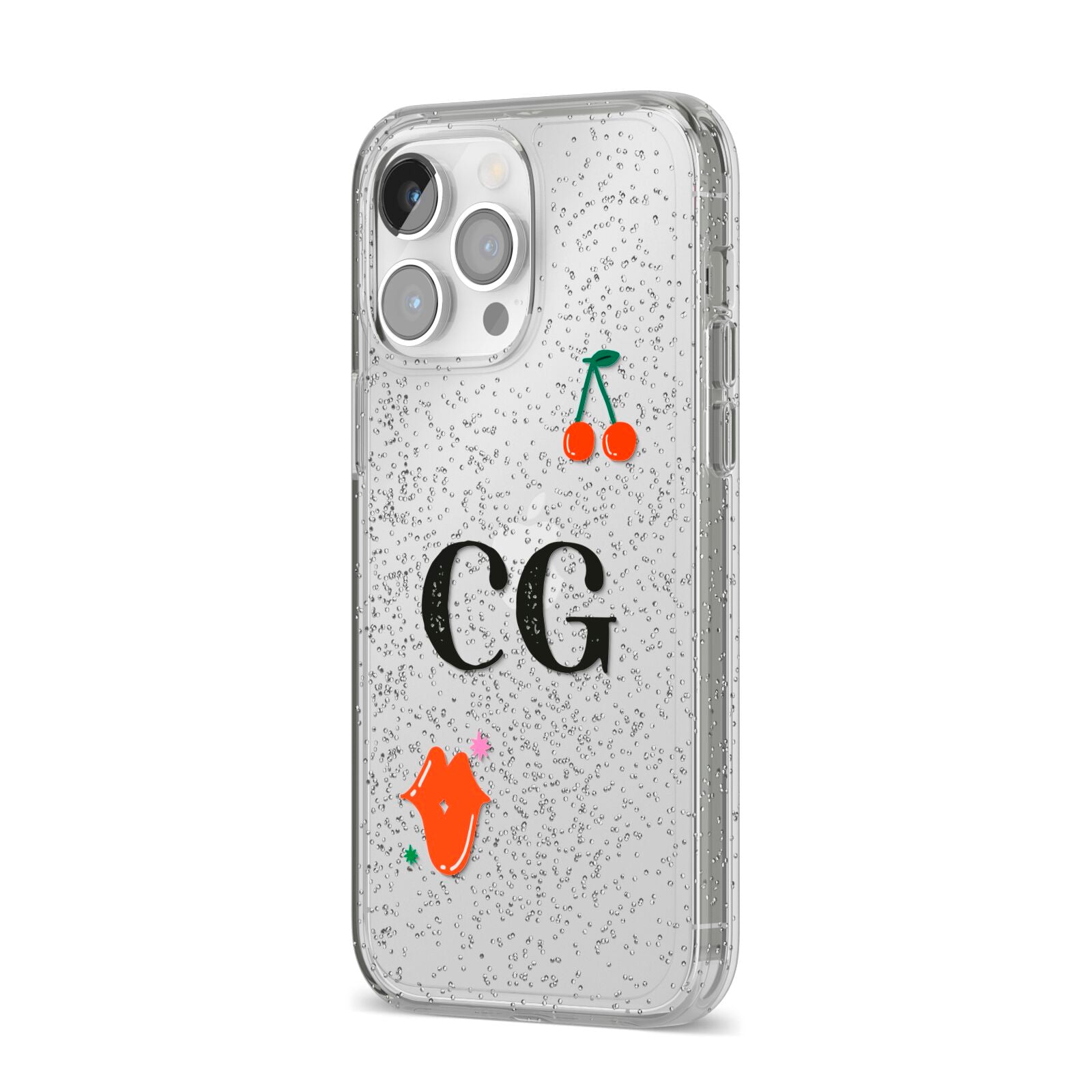 Personalised Initials Cherry iPhone 14 Pro Max Glitter Tough Case Silver Angled Image