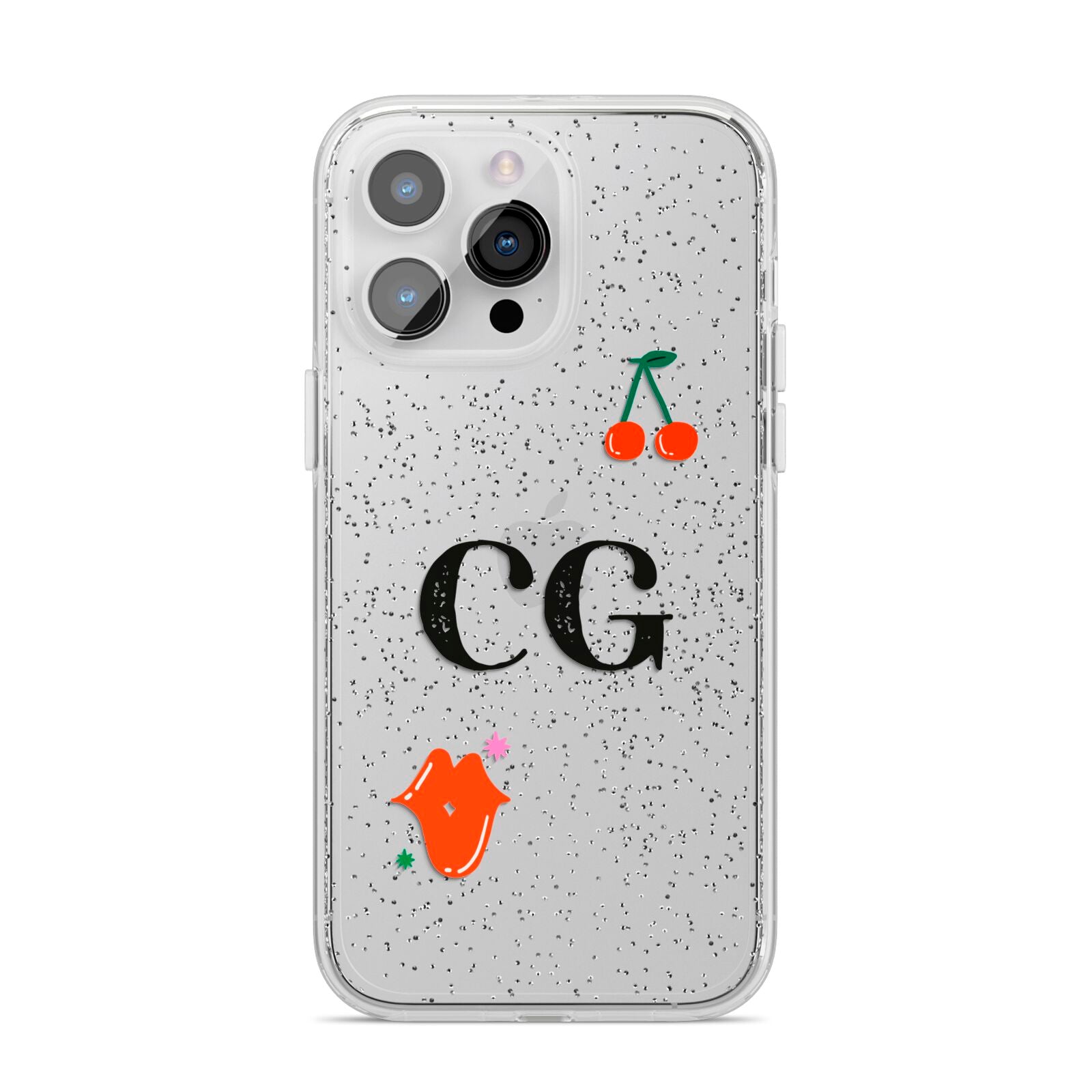 Personalised Initials Cherry iPhone 14 Pro Max Glitter Tough Case Silver