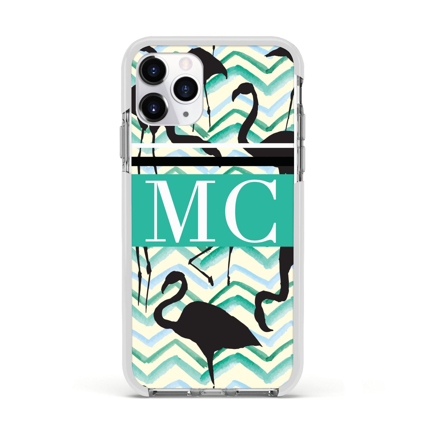 Personalised Initials Flamingos 2 Apple iPhone 11 Pro in Silver with White Impact Case