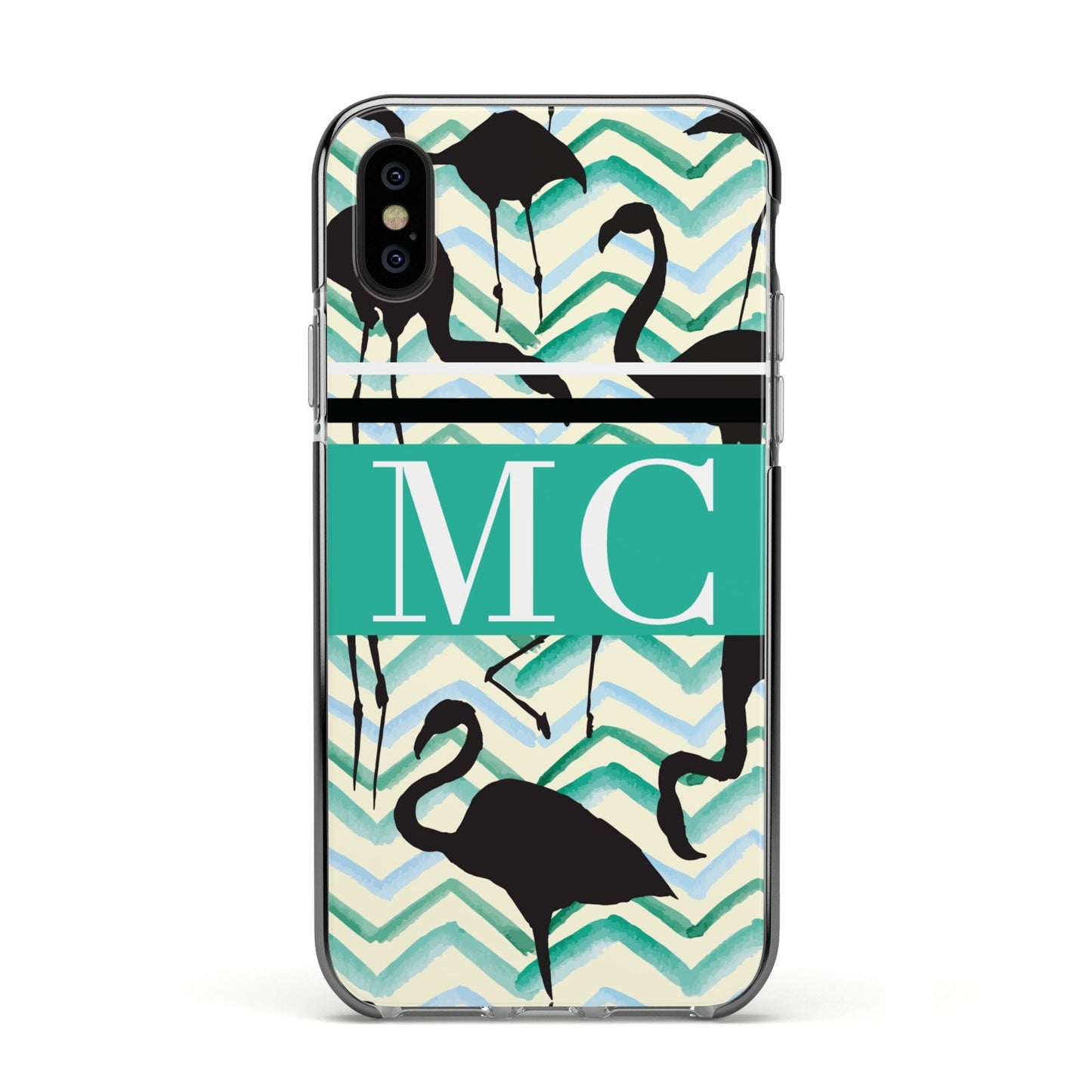 Personalised Initials Flamingos 2 Apple iPhone Xs Impact Case Black Edge on Black Phone