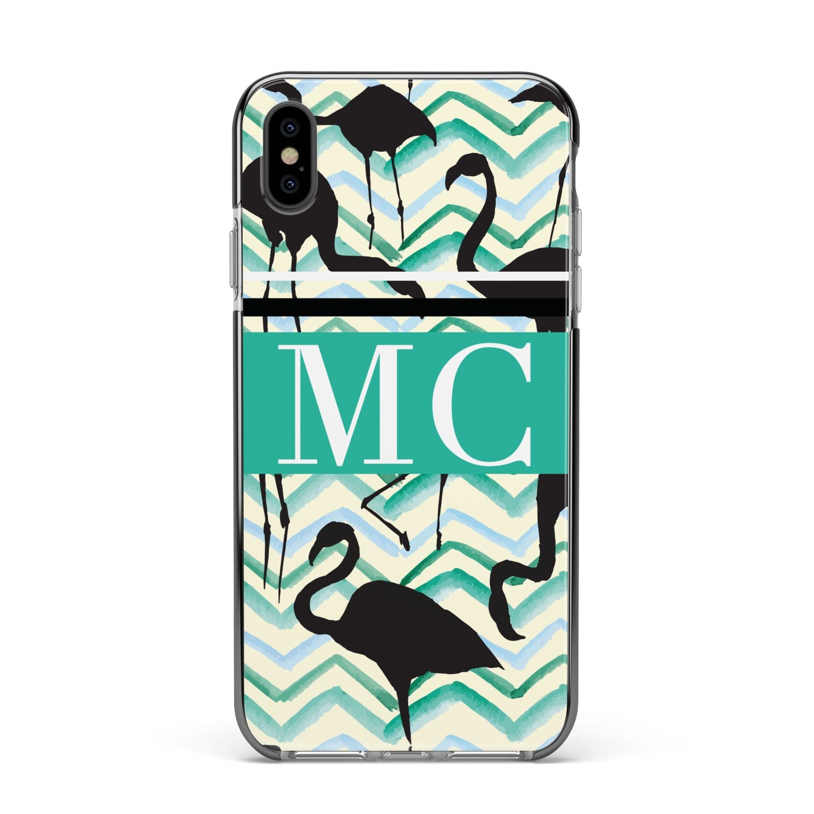 Personalised Initials Flamingos 2 Apple iPhone Xs Max Impact Case Black Edge on Black Phone