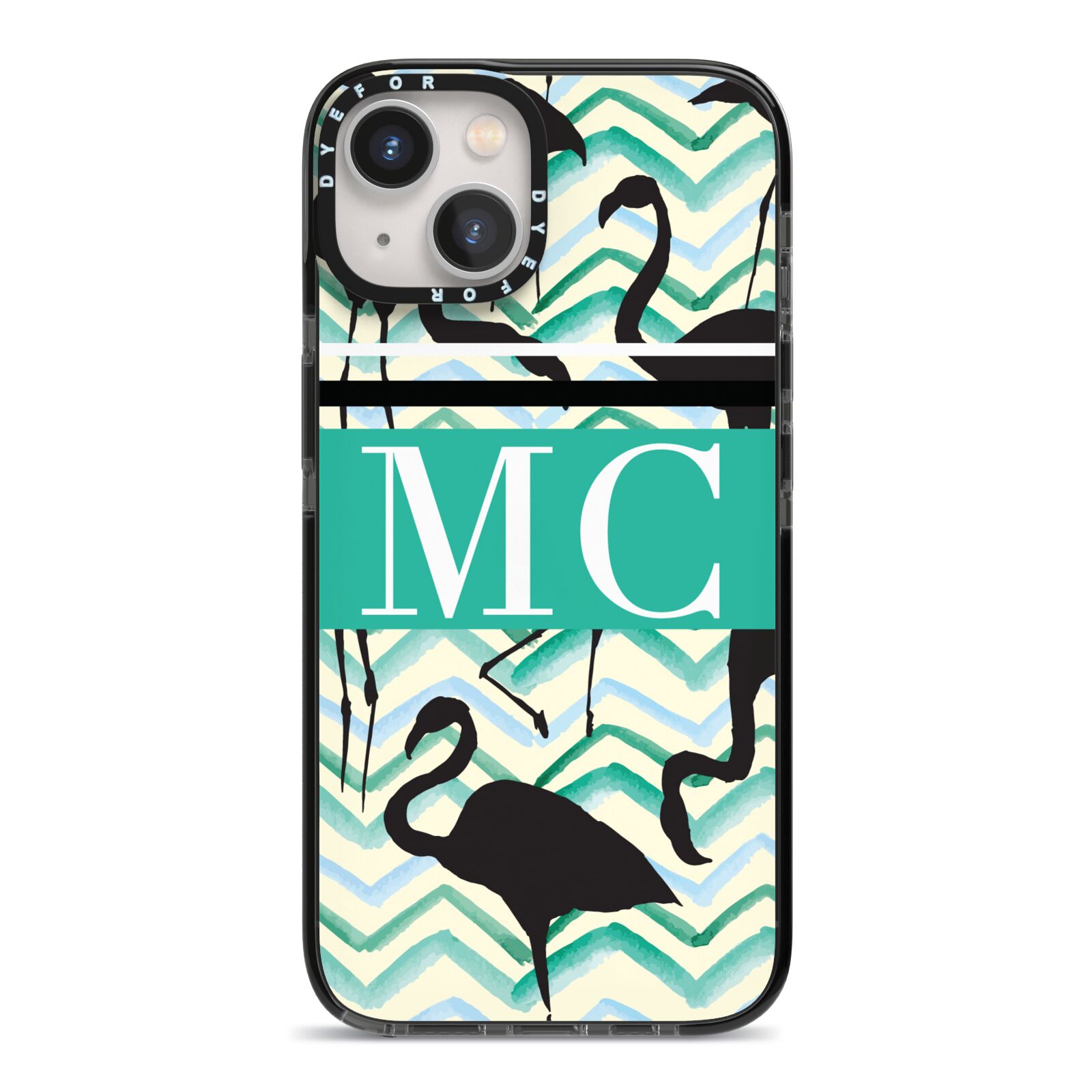 Personalised Initials Flamingos 2 iPhone 13 Black Impact Case on Silver phone