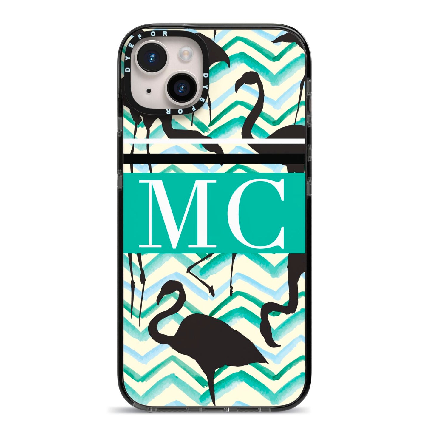 Personalised Initials Flamingos 2 iPhone 14 Plus Black Impact Case on Silver phone