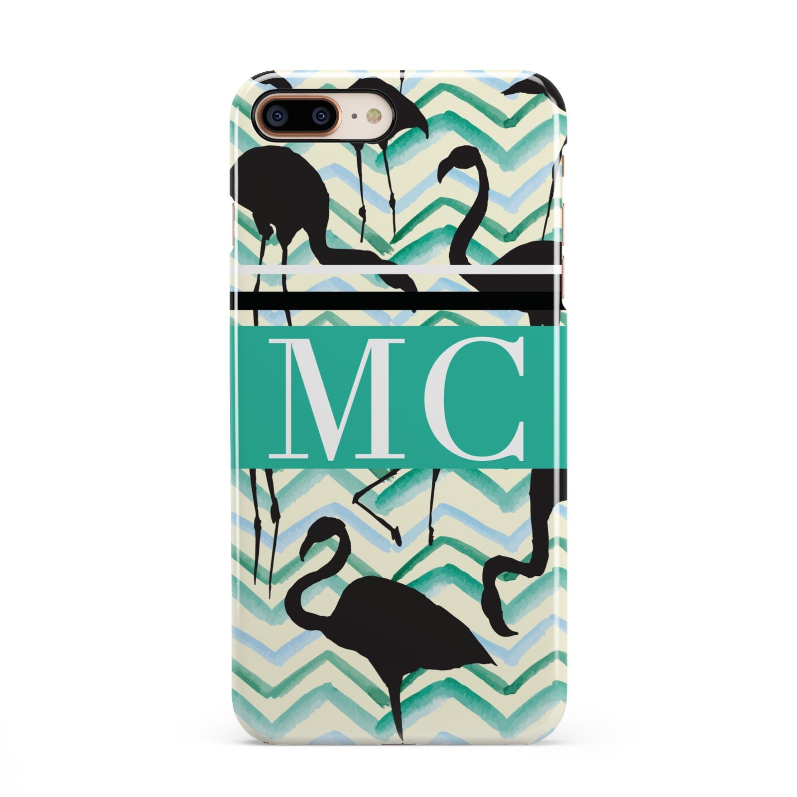 Personalised Initials Flamingos 2 iPhone 8 Plus 3D Snap Case on Gold Phone