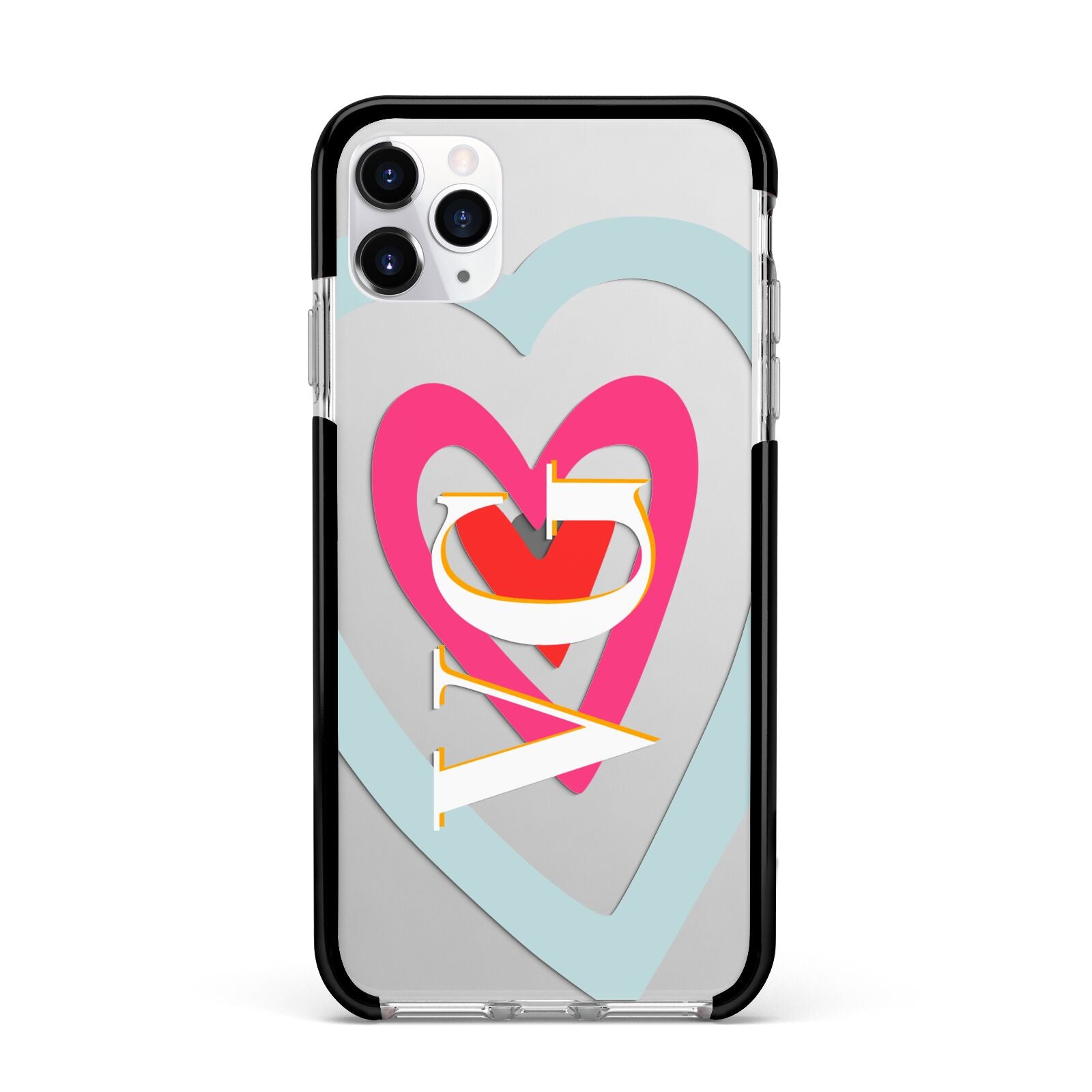 Personalised Initials Heart Apple iPhone 11 Pro Max in Silver with Black Impact Case