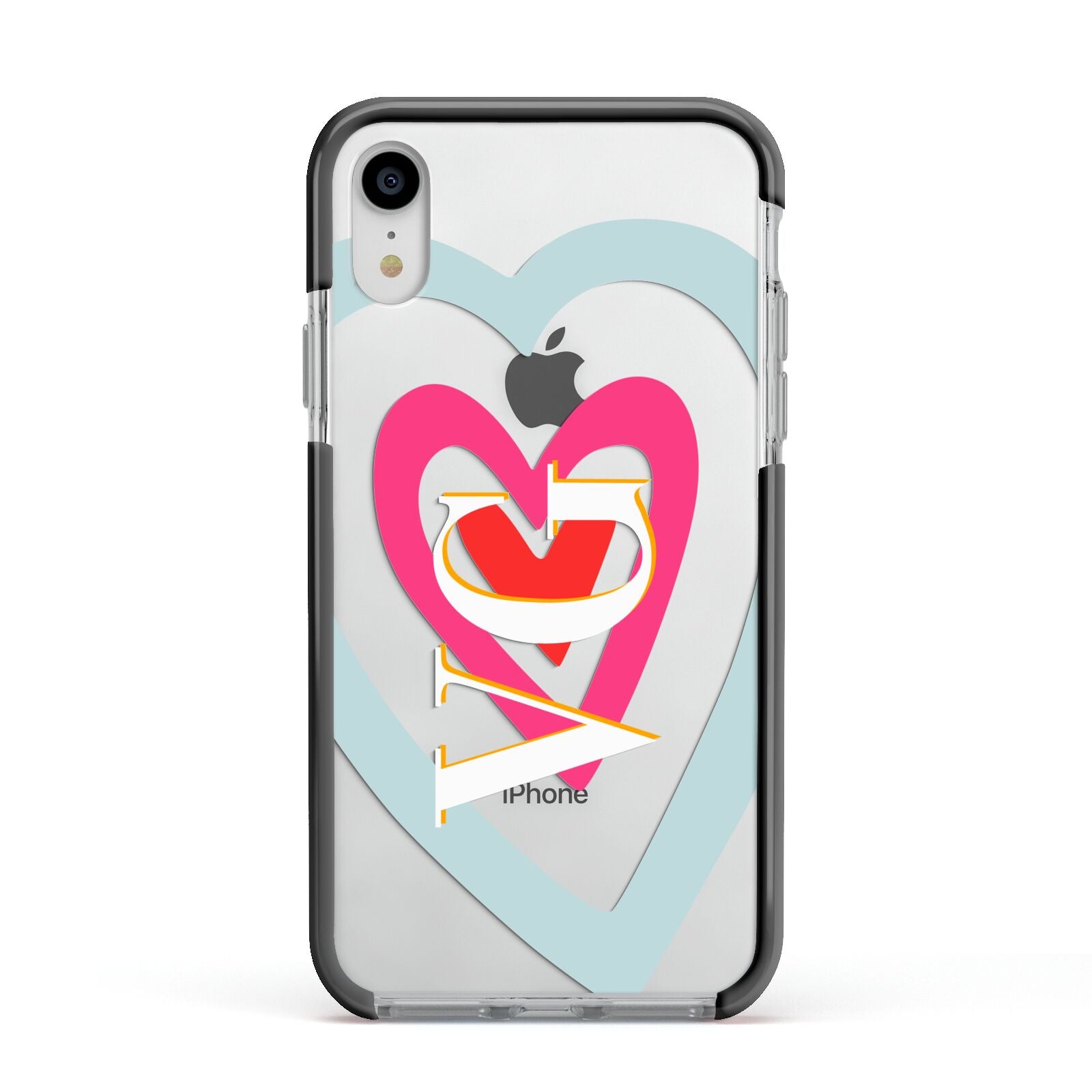 Personalised Initials Heart Apple iPhone XR Impact Case Black Edge on Silver Phone