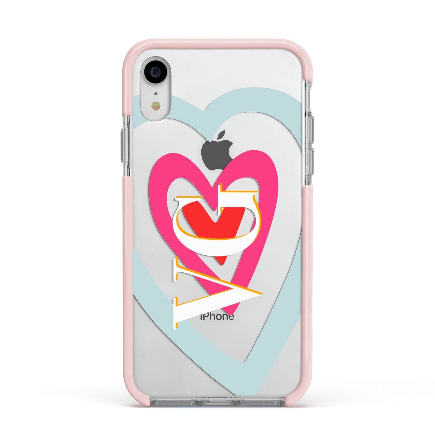 Personalised Initials Heart Apple iPhone XR Impact Case Pink Edge on Silver Phone