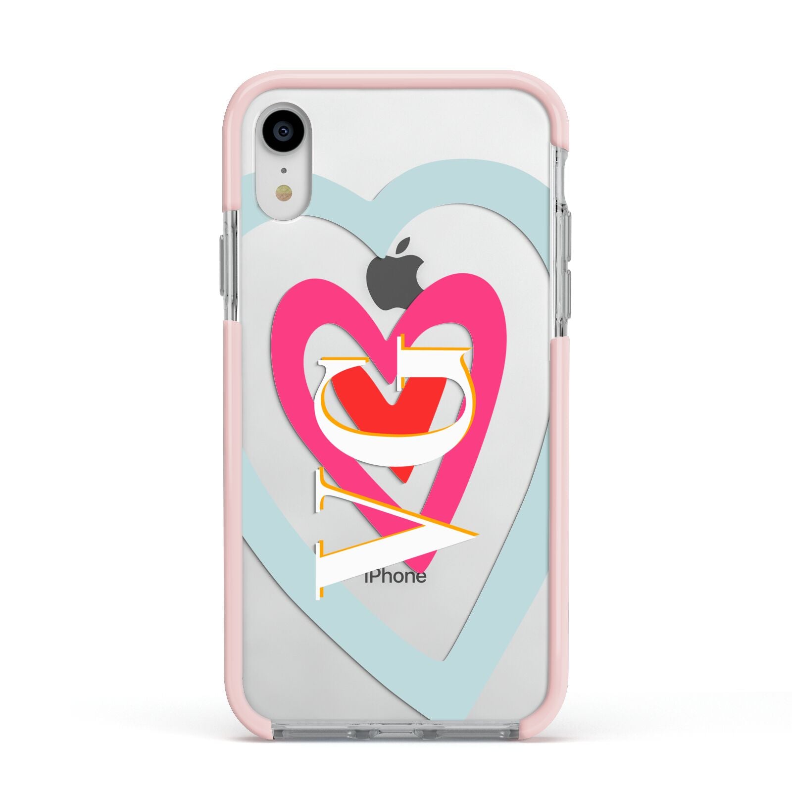 Personalised Initials Heart Apple iPhone XR Impact Case Pink Edge on Silver Phone