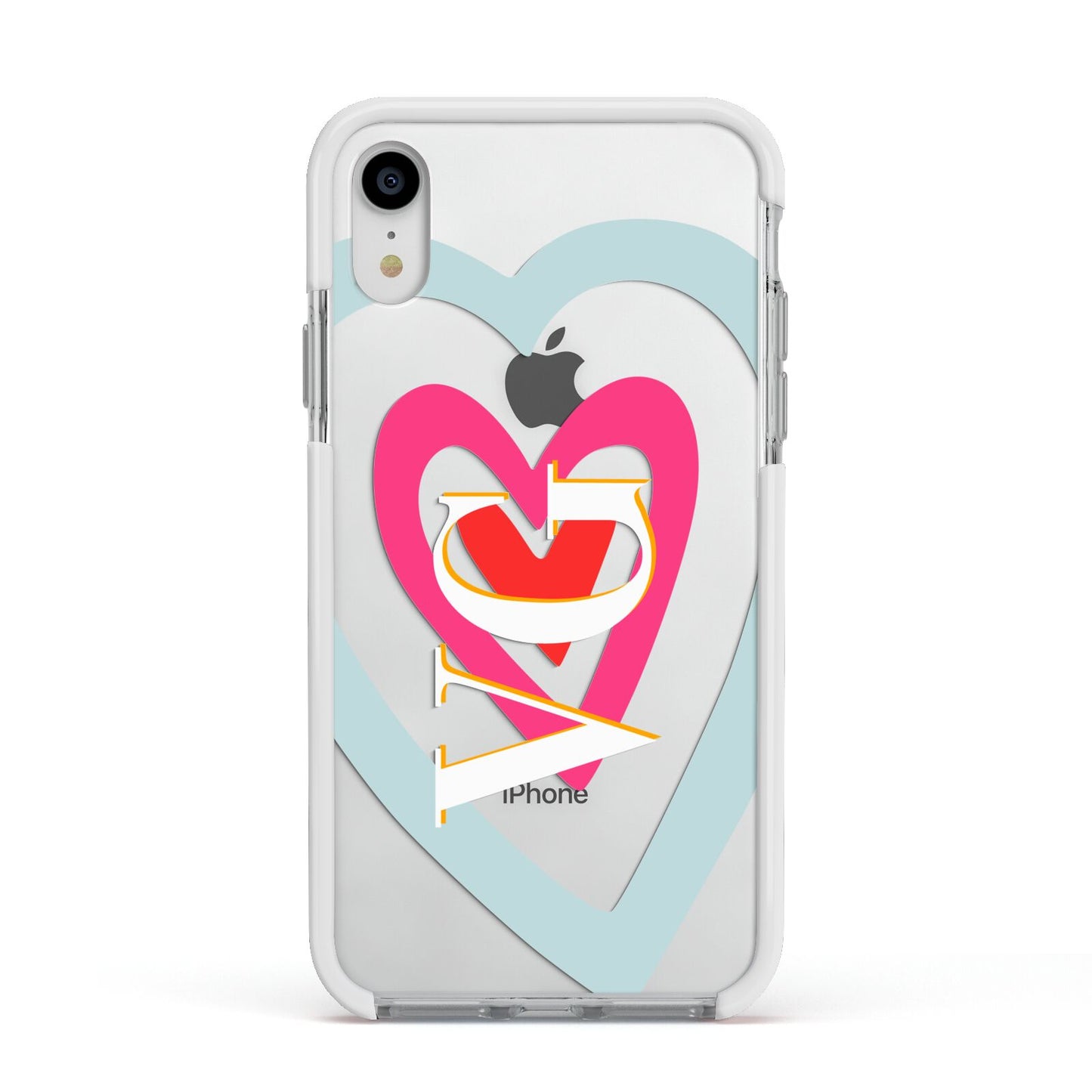 Personalised Initials Heart Apple iPhone XR Impact Case White Edge on Silver Phone