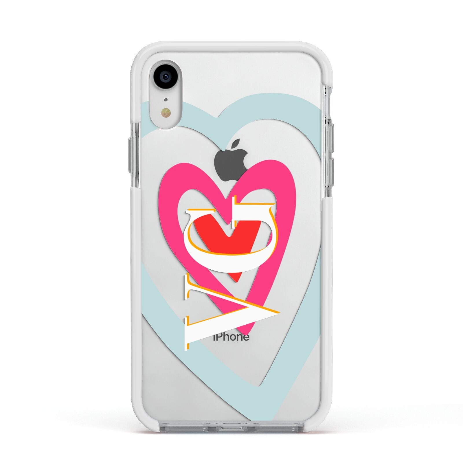 Personalised Initials Heart Apple iPhone XR Impact Case White Edge on Silver Phone