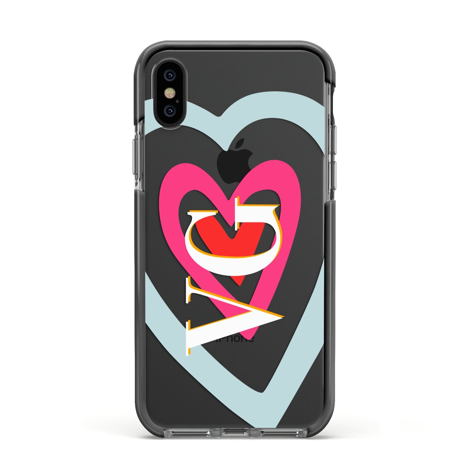 Personalised Initials Heart Apple iPhone Xs Impact Case Black Edge on Black Phone