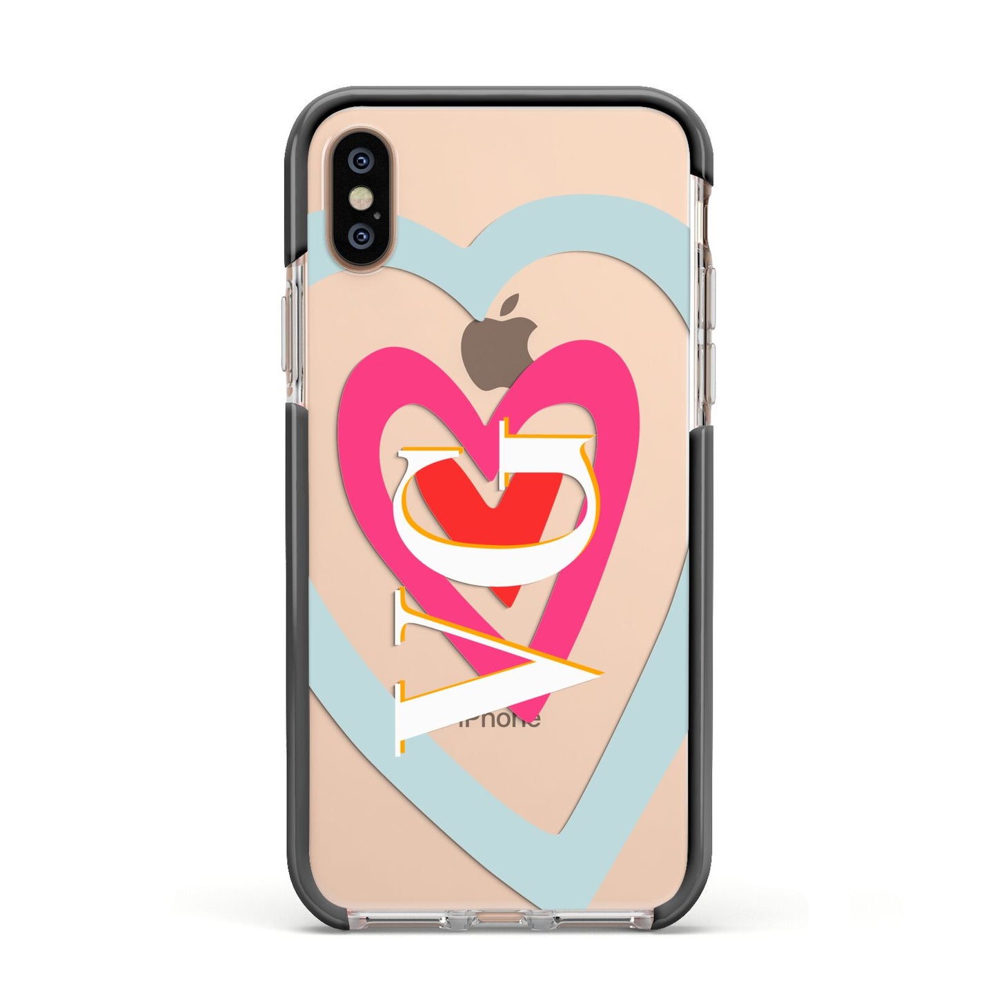 Personalised Initials Heart Apple iPhone Xs Impact Case Black Edge on Gold Phone