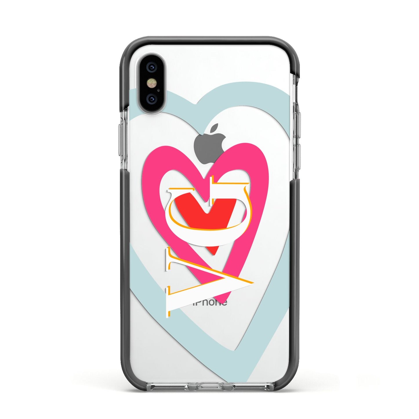 Personalised Initials Heart Apple iPhone Xs Impact Case Black Edge on Silver Phone