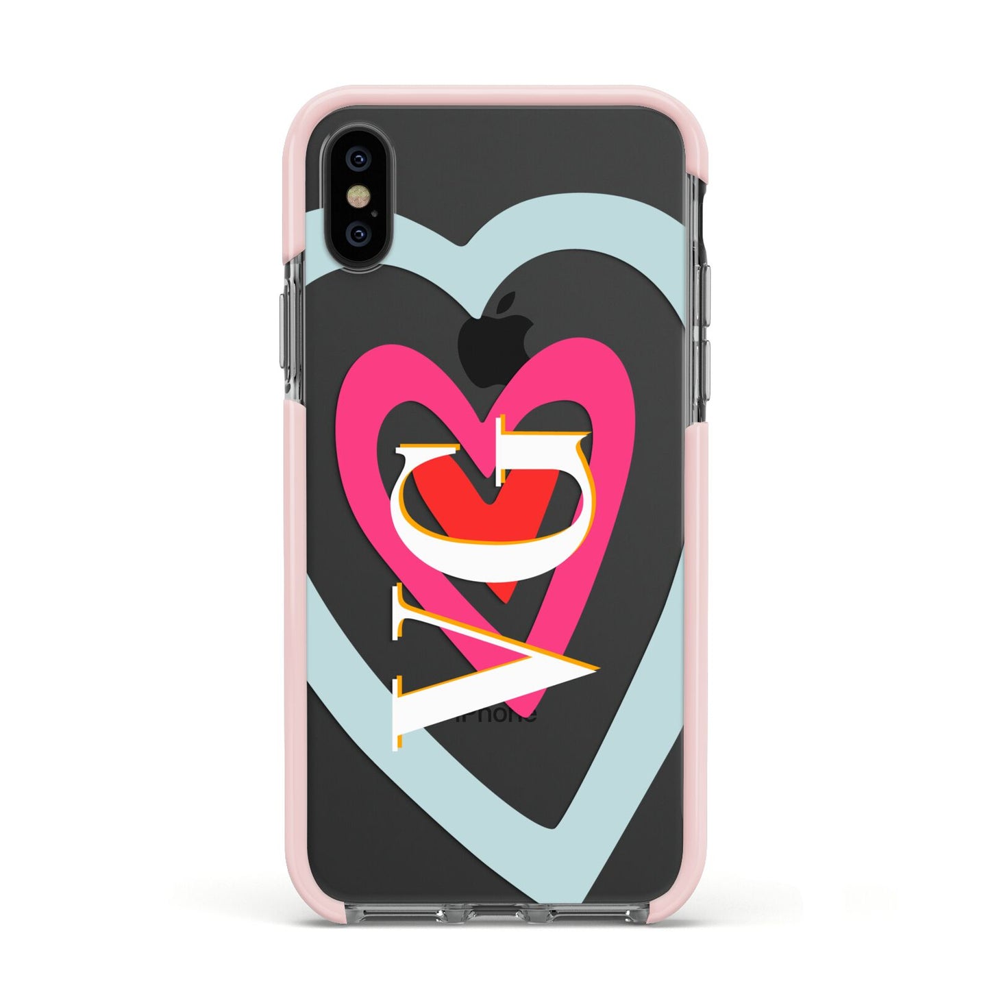 Personalised Initials Heart Apple iPhone Xs Impact Case Pink Edge on Black Phone