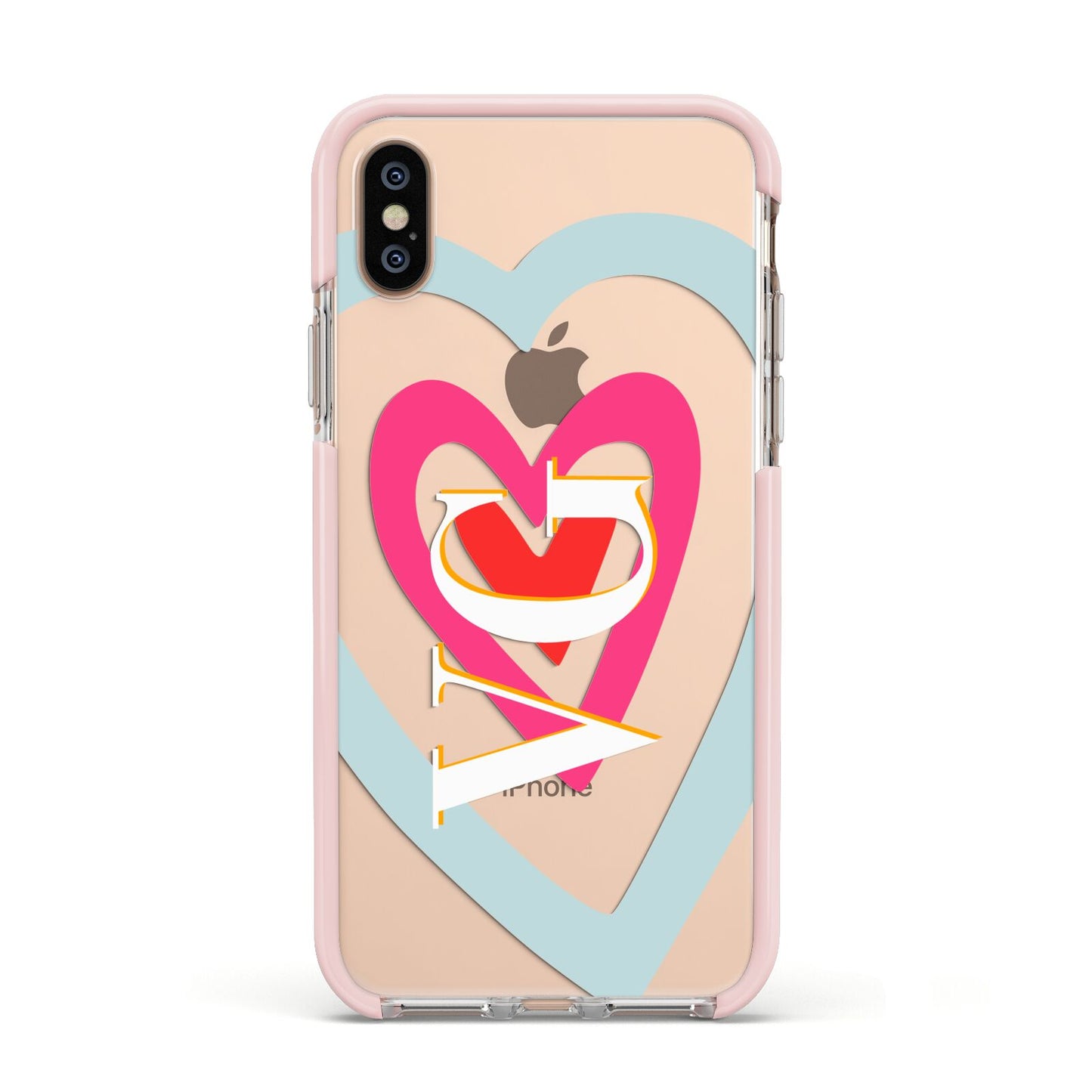 Personalised Initials Heart Apple iPhone Xs Impact Case Pink Edge on Gold Phone