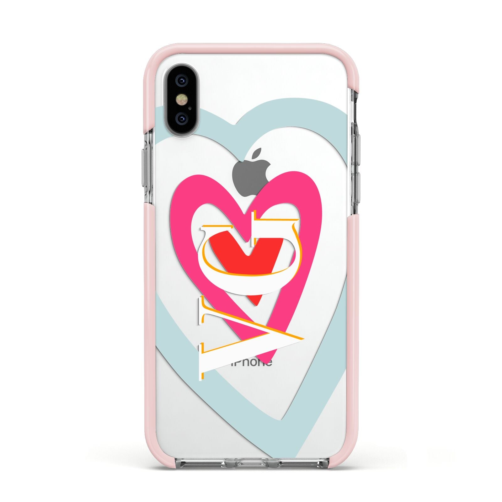 Personalised Initials Heart Apple iPhone Xs Impact Case Pink Edge on Silver Phone