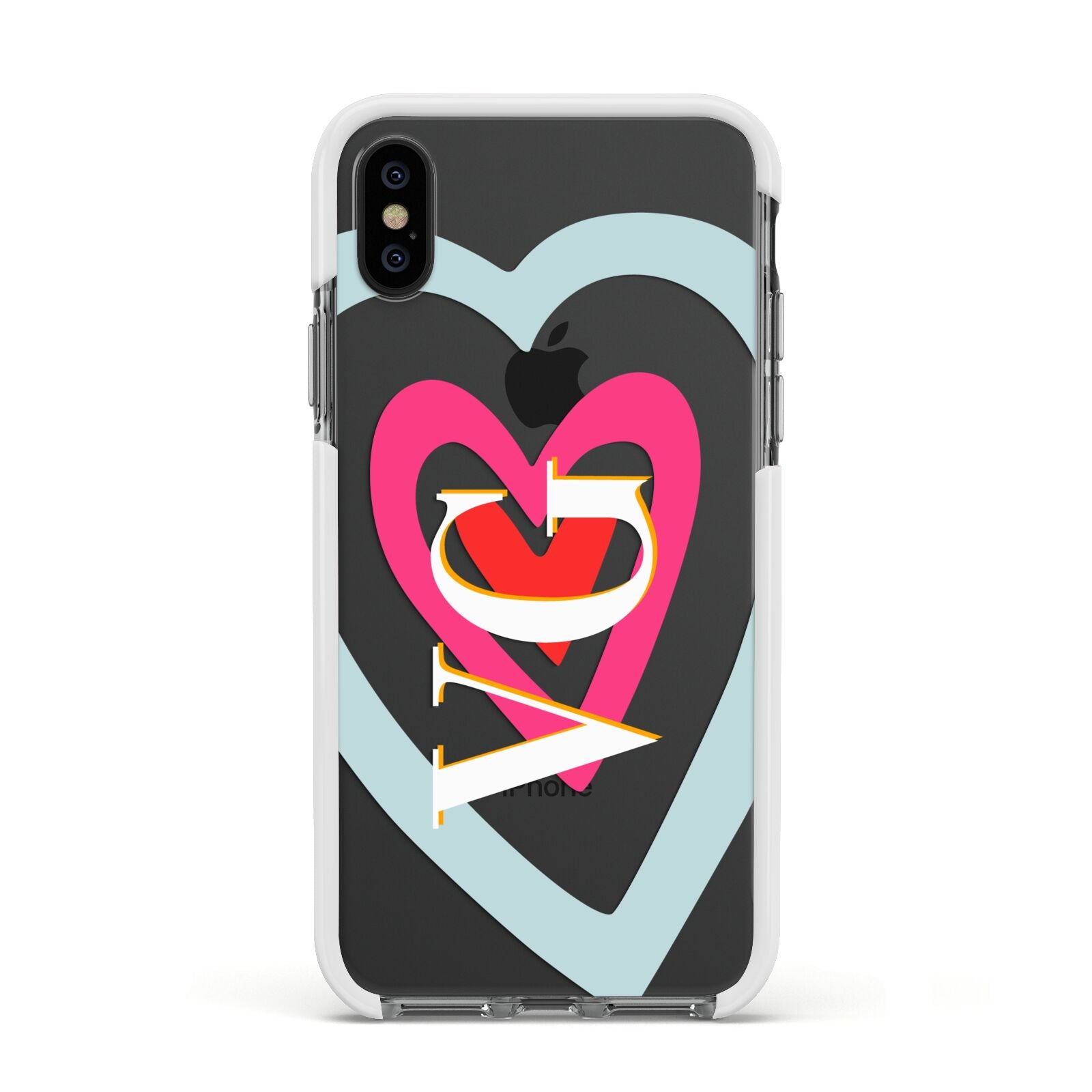 Personalised Initials Heart Apple iPhone Xs Impact Case White Edge on Black Phone