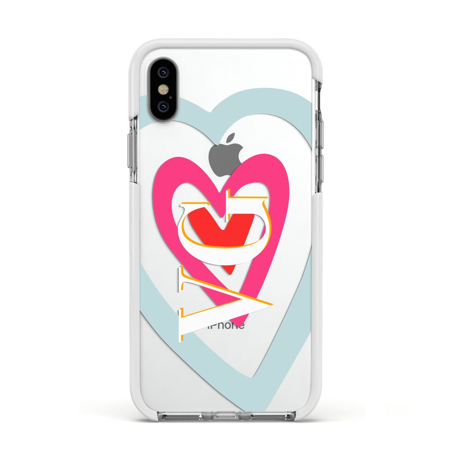 Personalised Initials Heart Apple iPhone Xs Impact Case White Edge on Silver Phone