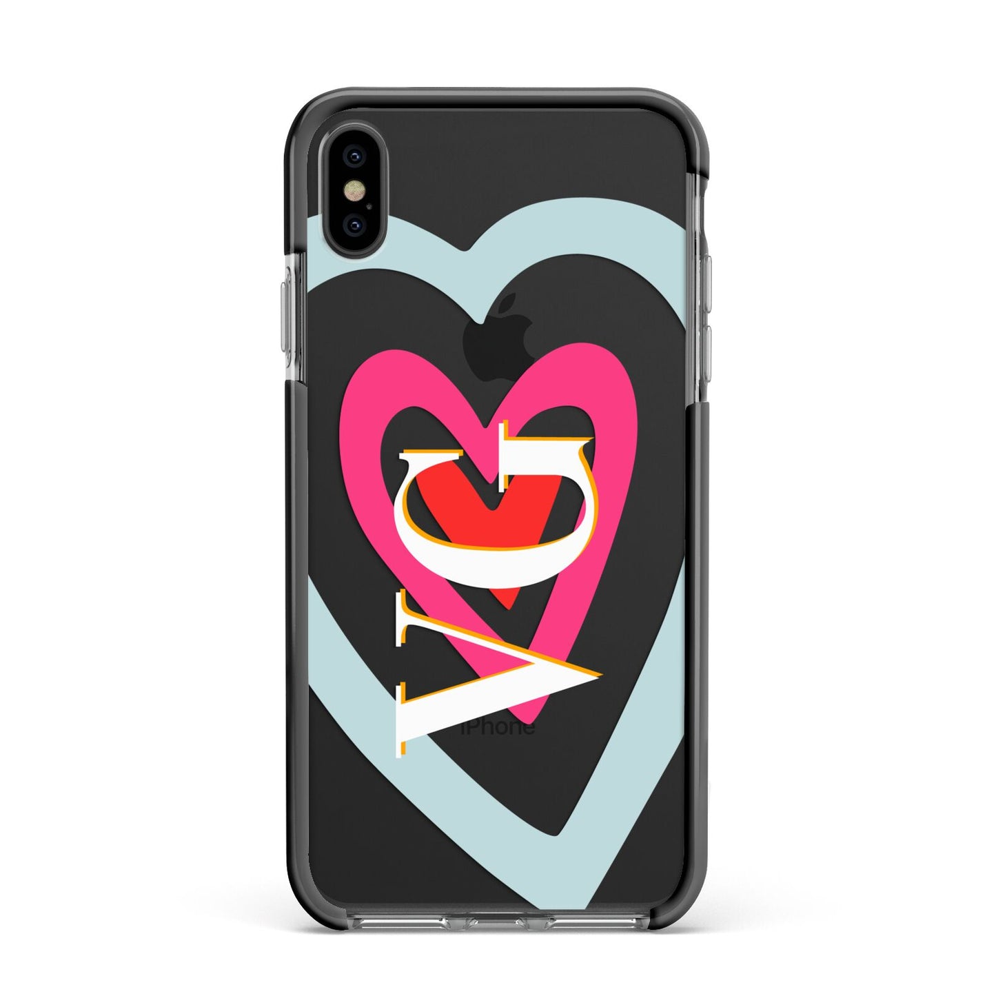 Personalised Initials Heart Apple iPhone Xs Max Impact Case Black Edge on Black Phone