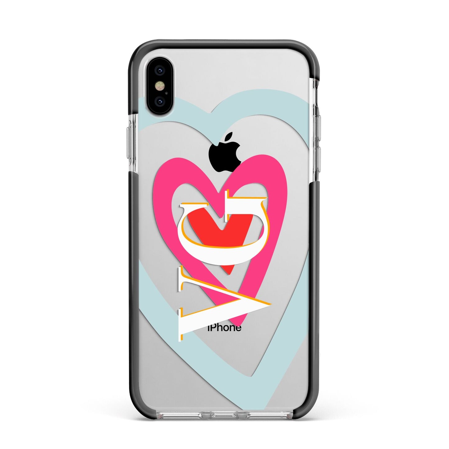 Personalised Initials Heart Apple iPhone Xs Max Impact Case Black Edge on Silver Phone