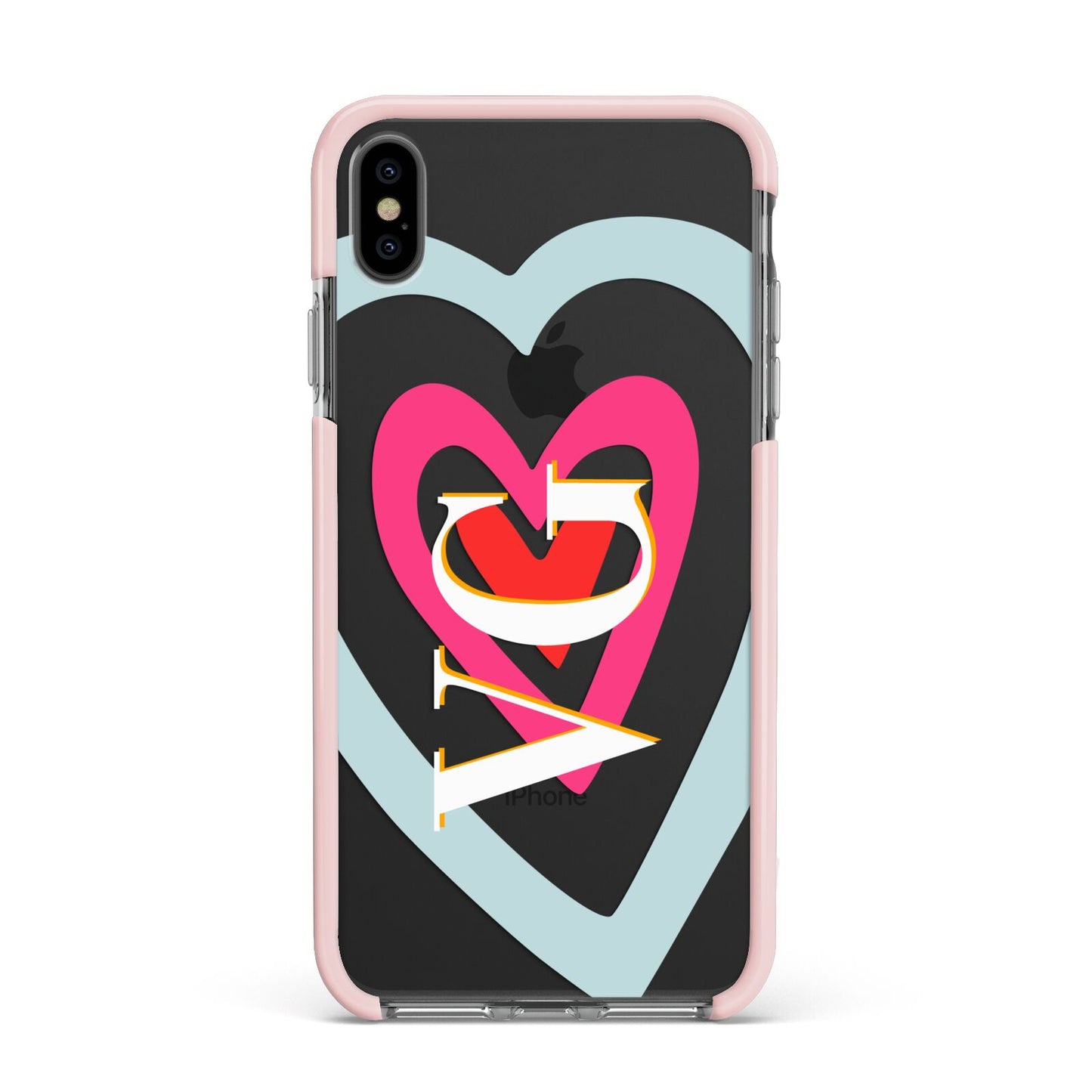 Personalised Initials Heart Apple iPhone Xs Max Impact Case Pink Edge on Black Phone