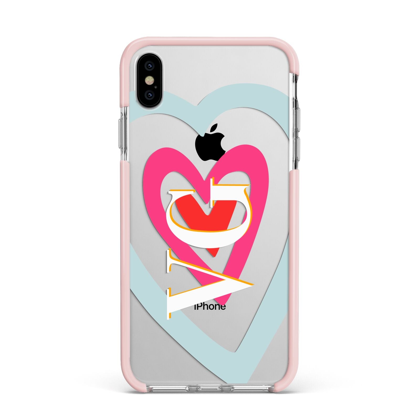 Personalised Initials Heart Apple iPhone Xs Max Impact Case Pink Edge on Silver Phone