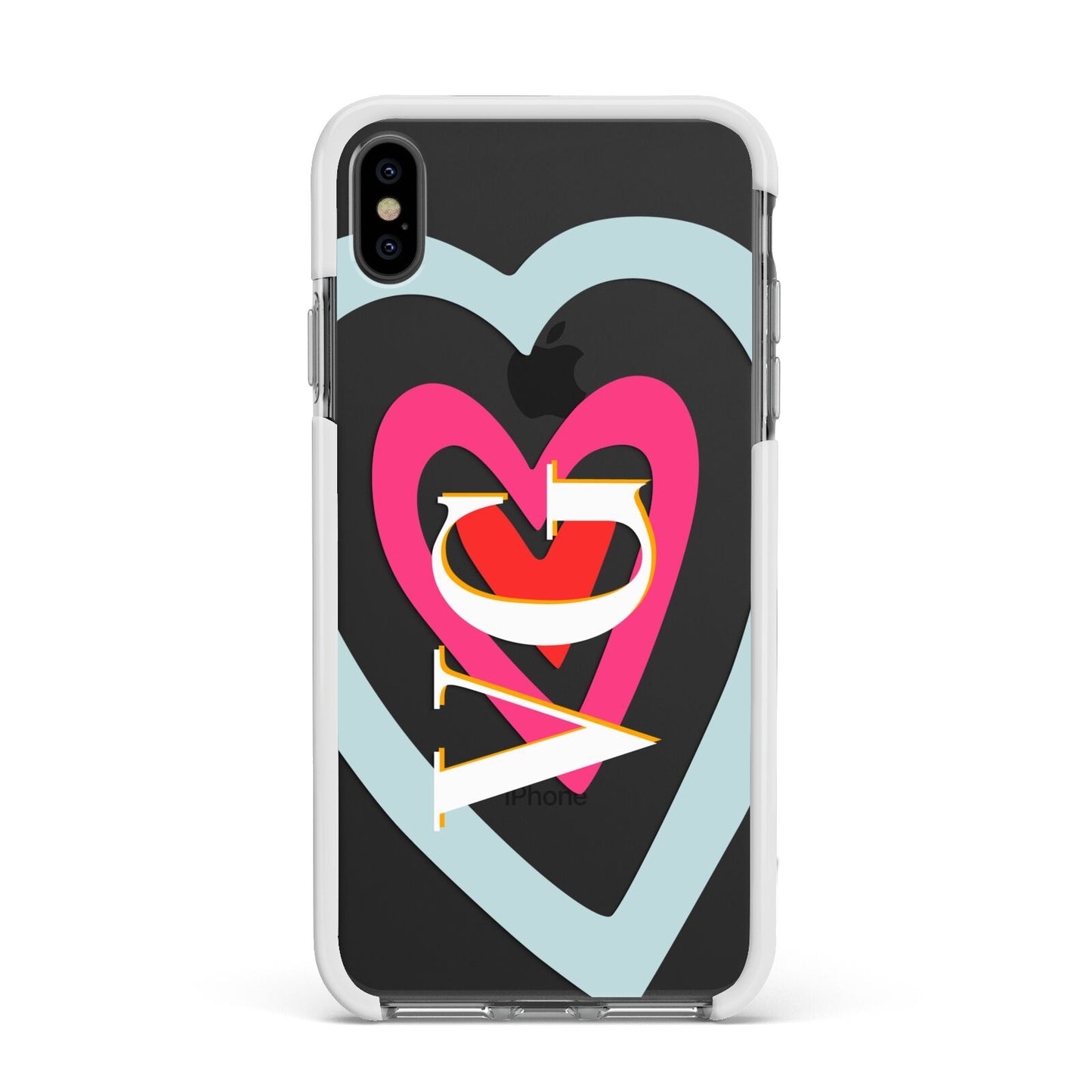 Personalised Initials Heart Apple iPhone Xs Max Impact Case White Edge on Black Phone