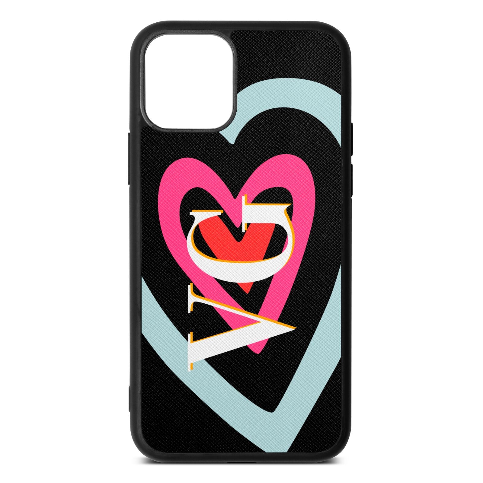 Personalised Initials Heart Black Saffiano Leather iPhone 11 Case