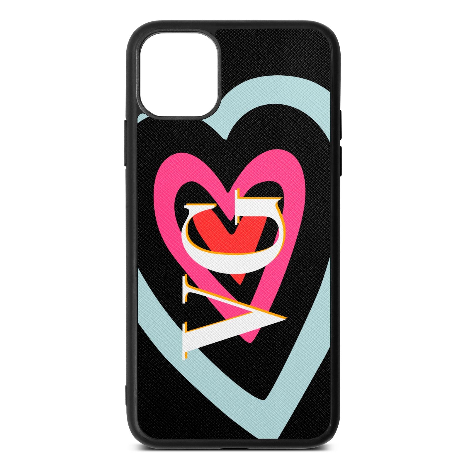 Personalised Initials Heart Black Saffiano Leather iPhone 11 Pro Max Case