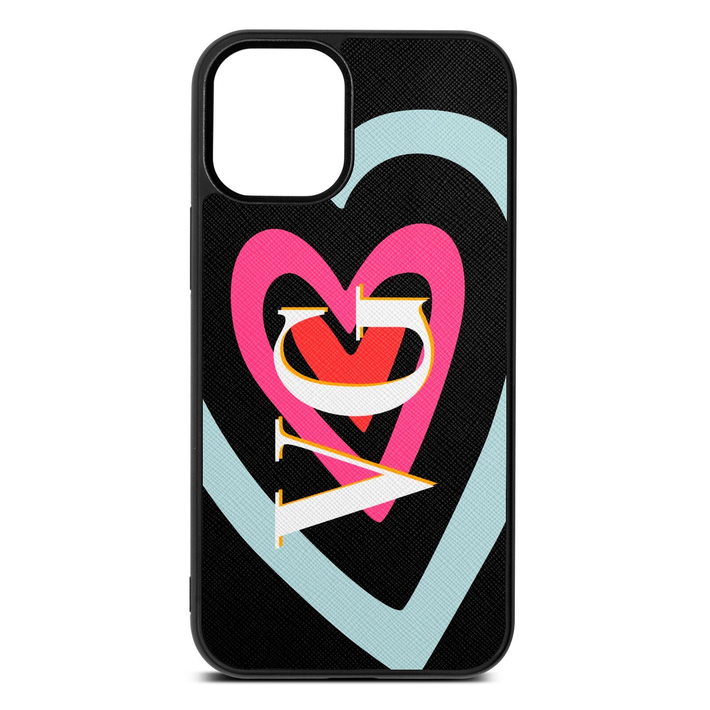 Personalised Initials Heart Black Saffiano Leather iPhone 12 Mini Case