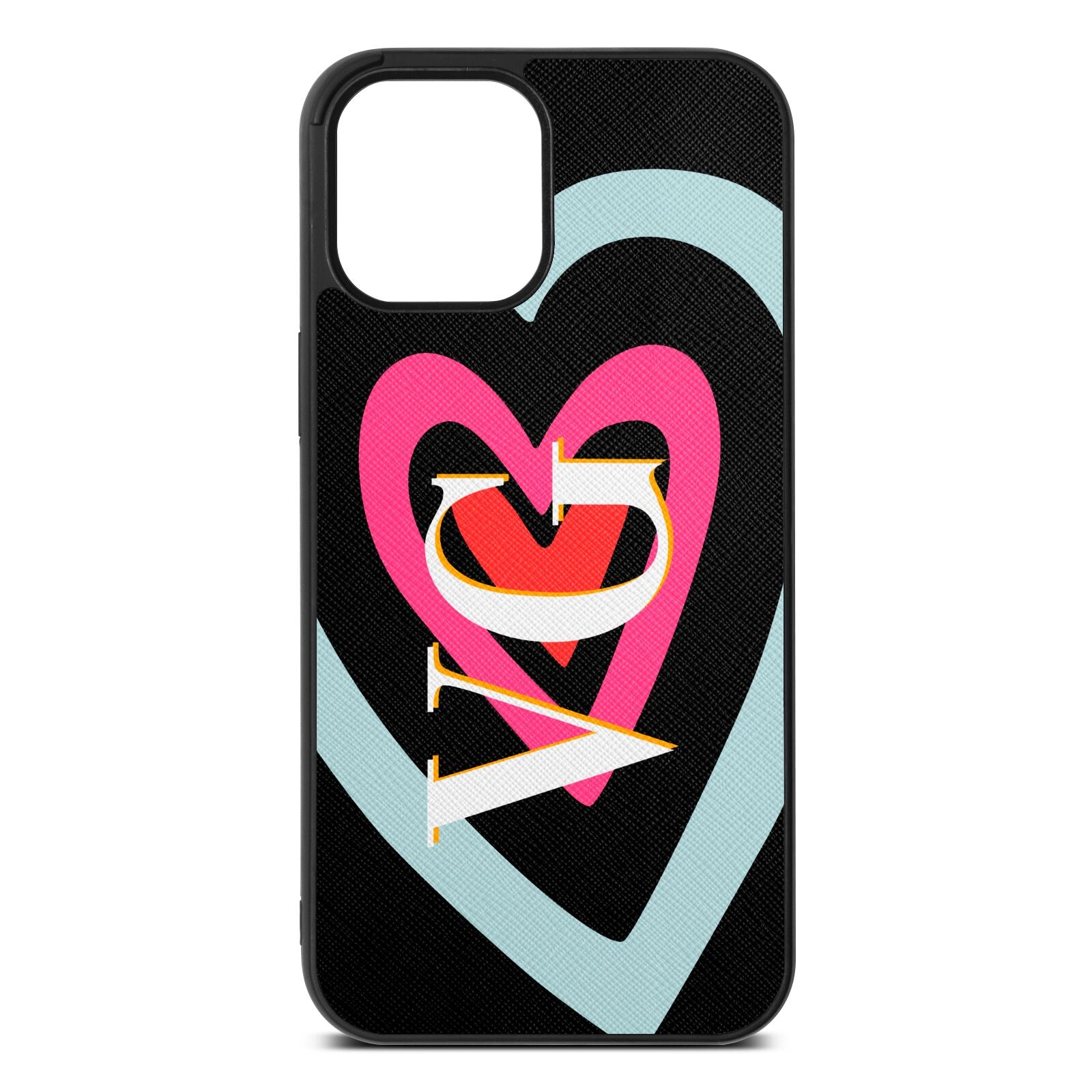 Personalised Initials Heart Black Saffiano Leather iPhone 12 Pro Max Case