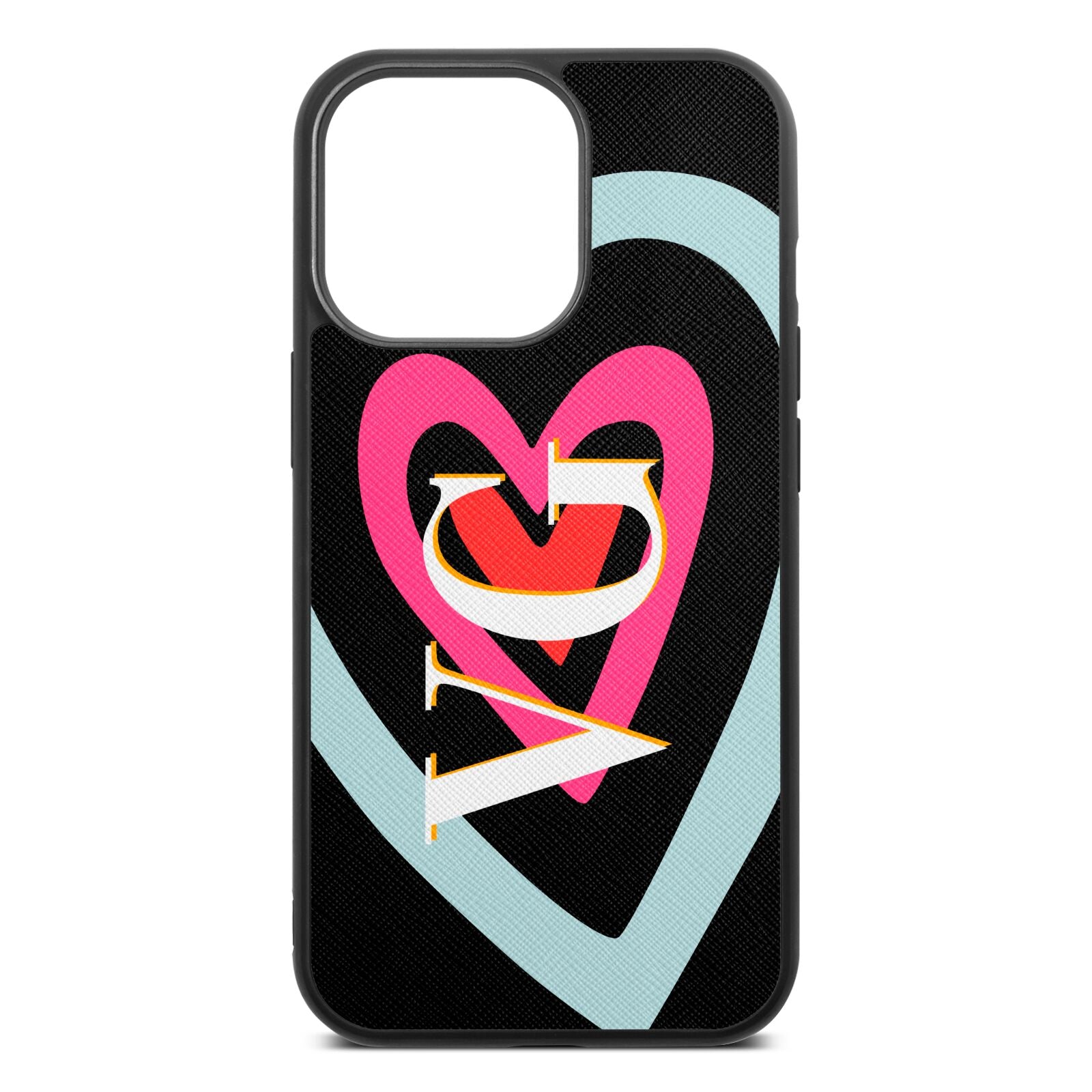 Personalised Initials Heart Black Saffiano Leather iPhone 13 Pro Case