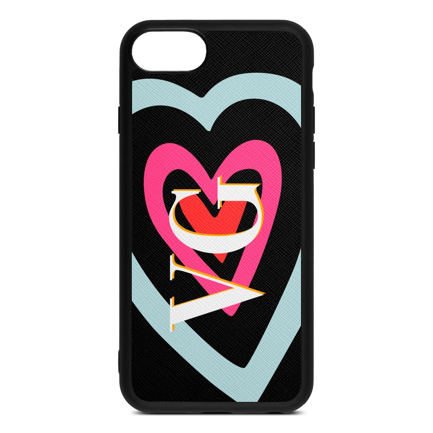 Personalised Initials Heart Black Saffiano Leather iPhone 8 Case