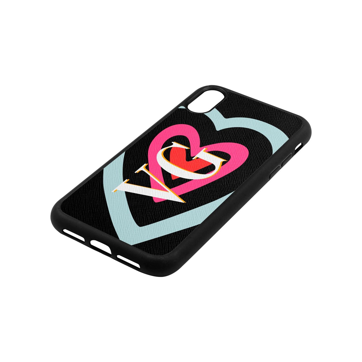 Personalised Initials Heart Black Saffiano Leather iPhone Xr Case Side Angle