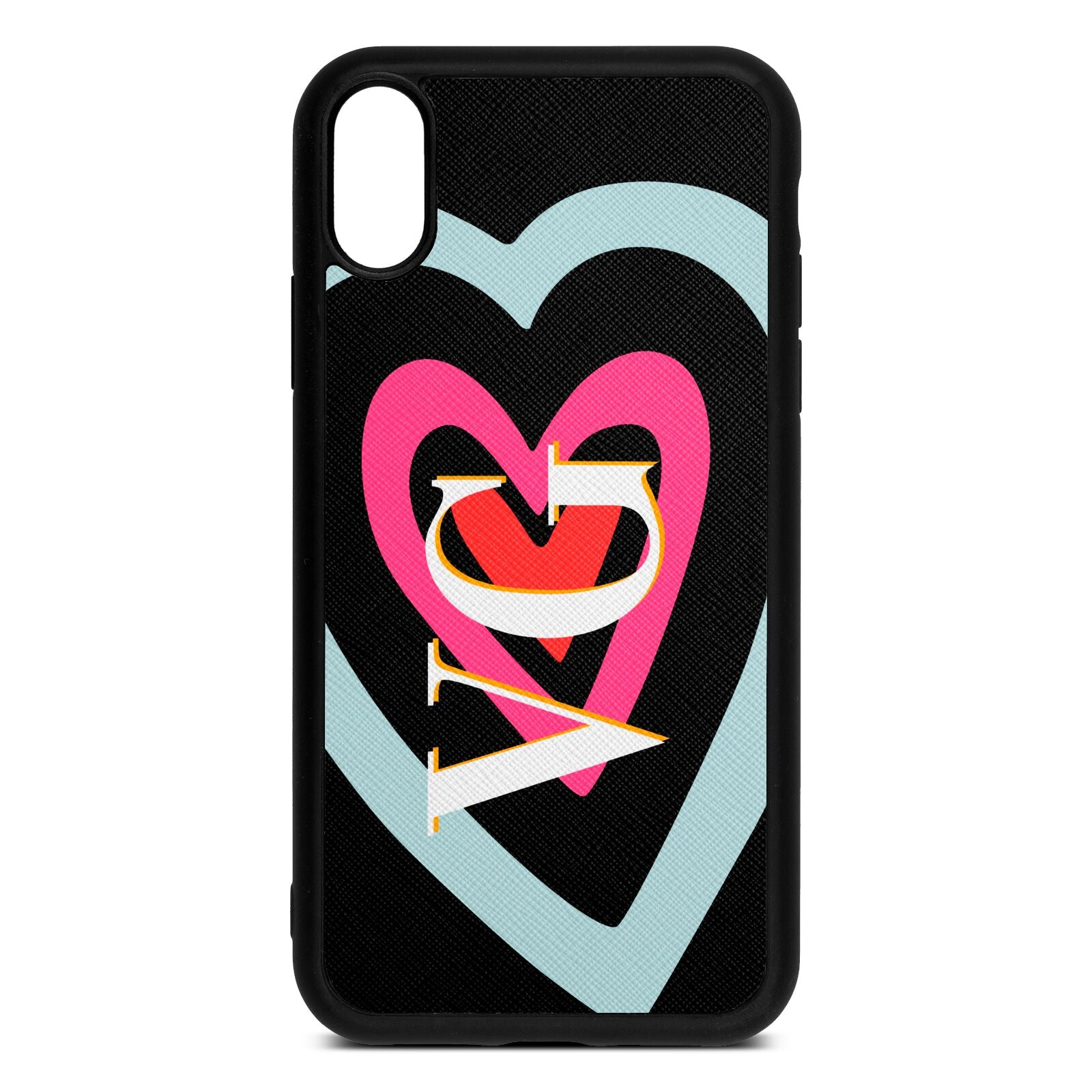 Personalised Initials Heart Black Saffiano Leather iPhone Xr Case