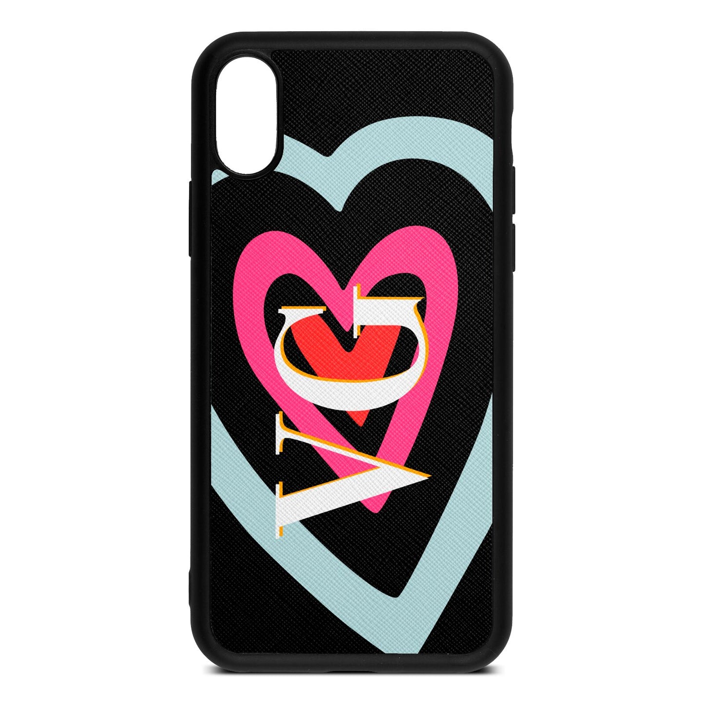 Personalised Initials Heart Black Saffiano Leather iPhone Xs Case