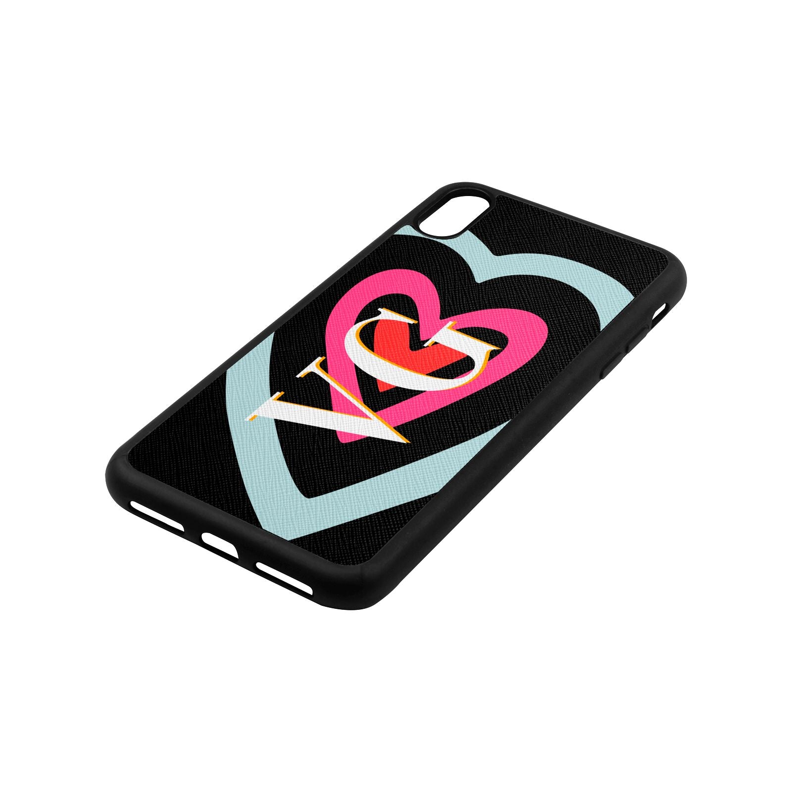 Personalised Initials Heart Black Saffiano Leather iPhone Xs Max Case Side Angle