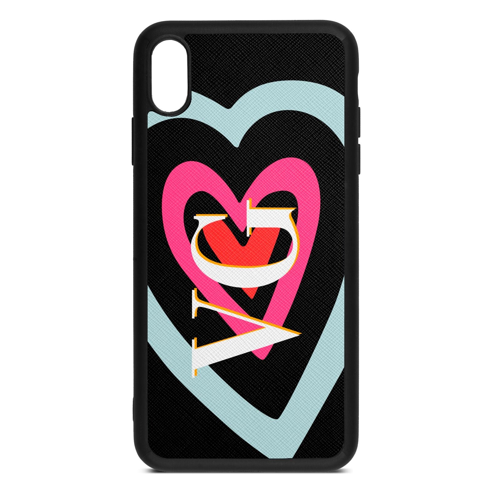 Personalised Initials Heart Black Saffiano Leather iPhone Xs Max Case