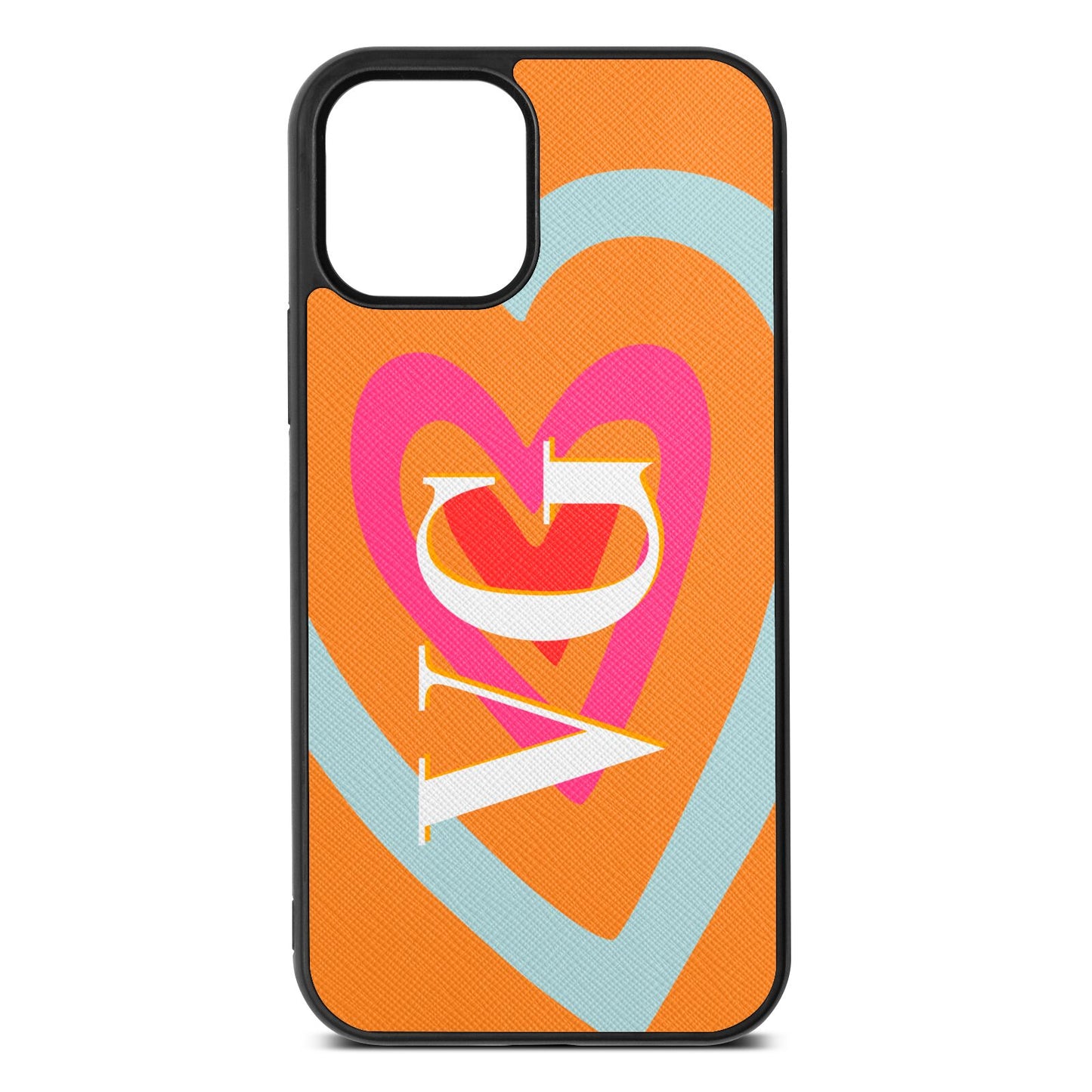 Personalised Initials Heart Saffron Saffiano Leather iPhone 12 Case