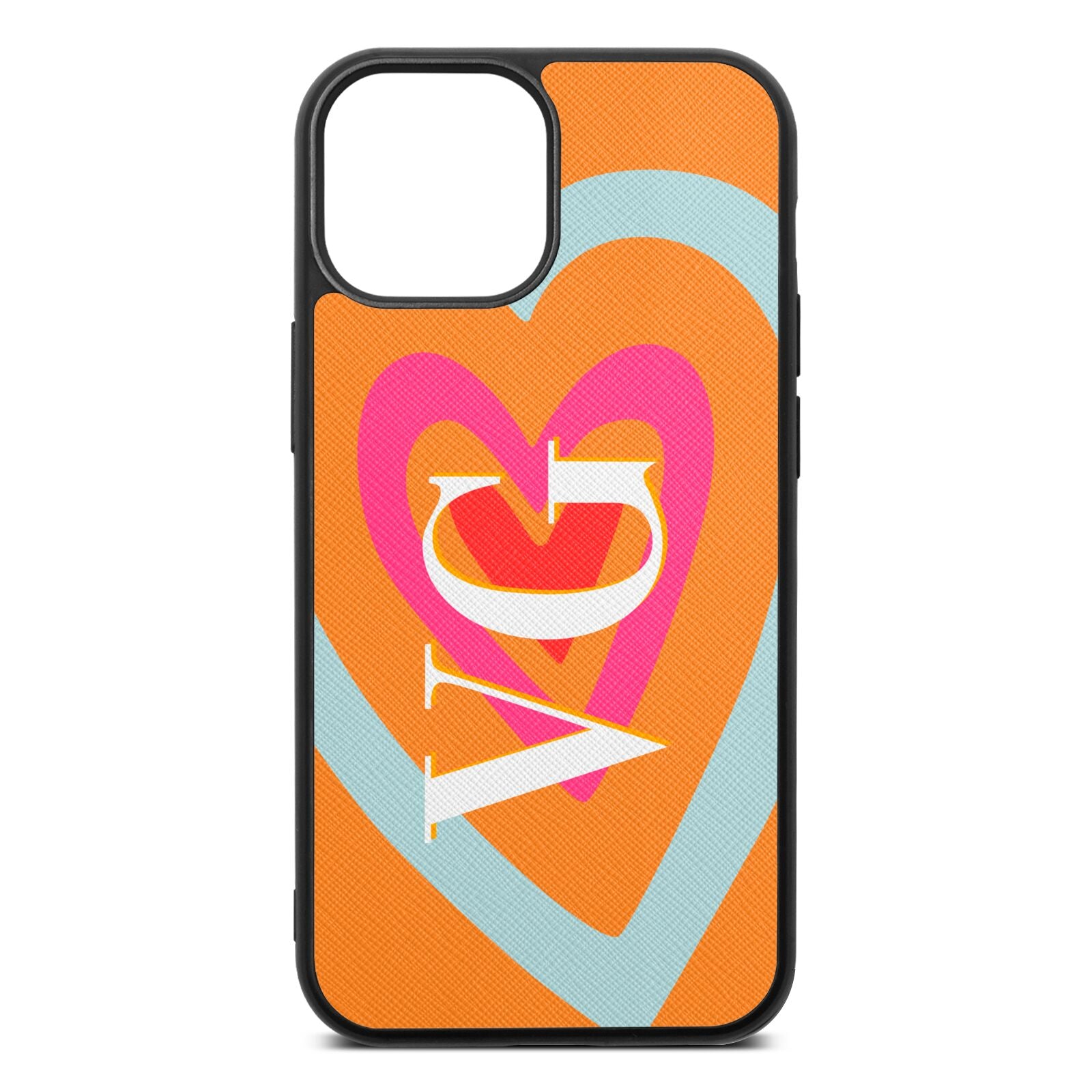 Personalised Initials Heart Saffron Saffiano Leather iPhone 13 Mini Case