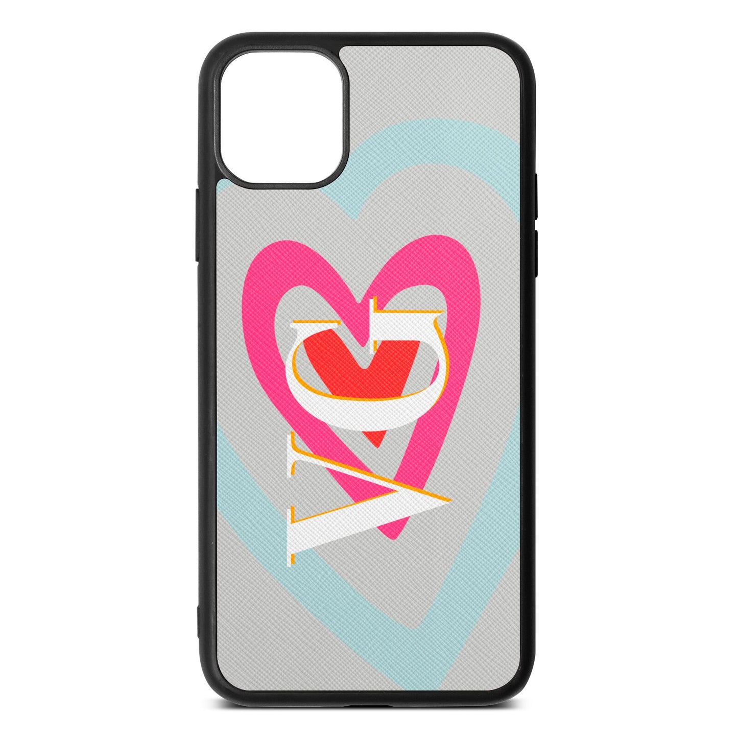 Personalised Initials Heart Silver Saffiano Leather iPhone 11 Pro Max Case