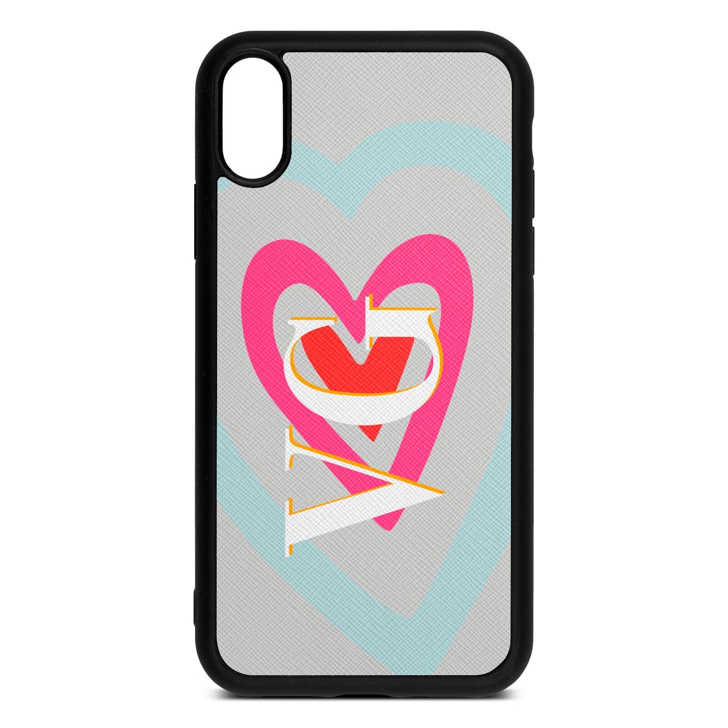 Personalised Initials Heart Silver Saffiano Leather iPhone Xr Case