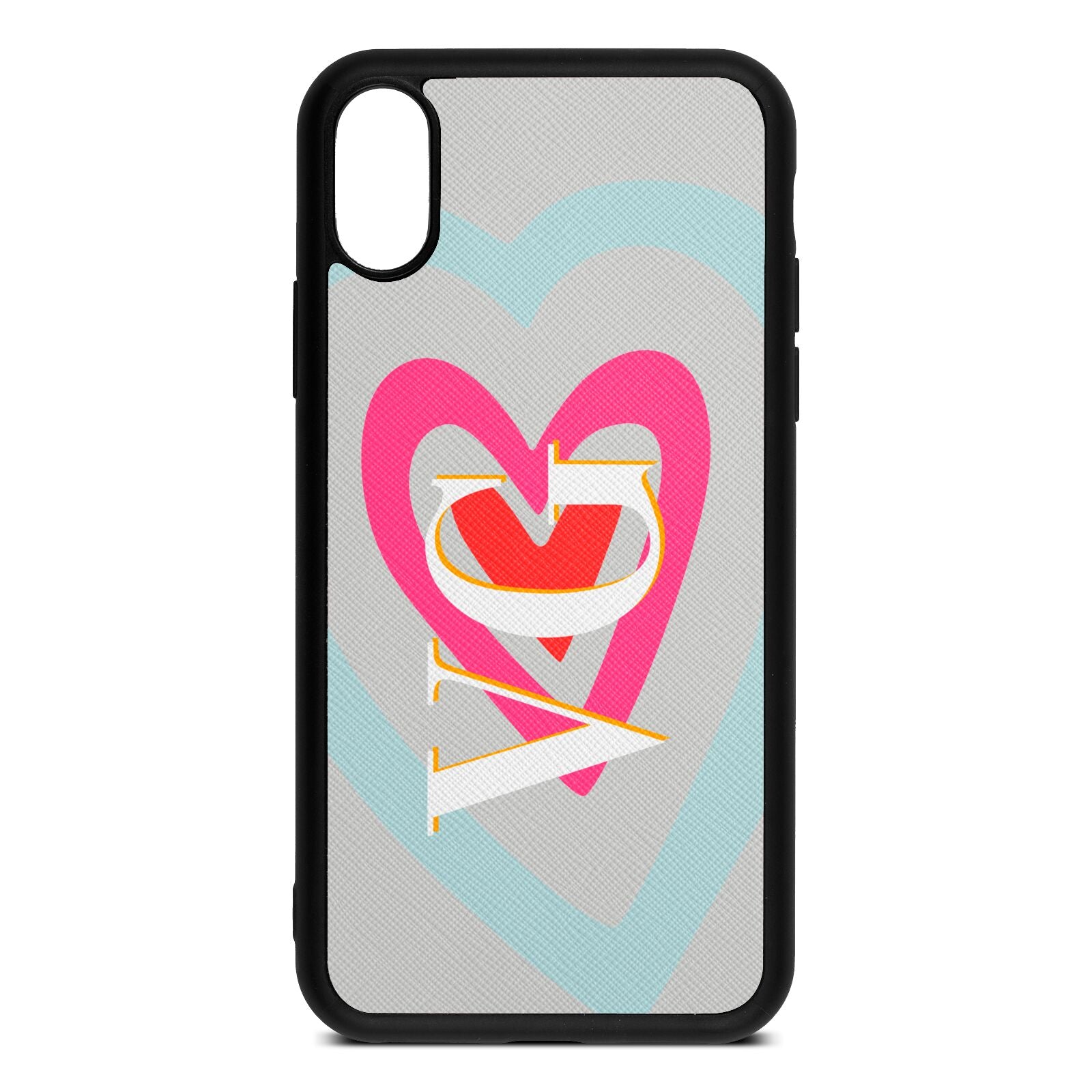 Personalised Initials Heart Silver Saffiano Leather iPhone Xs Case