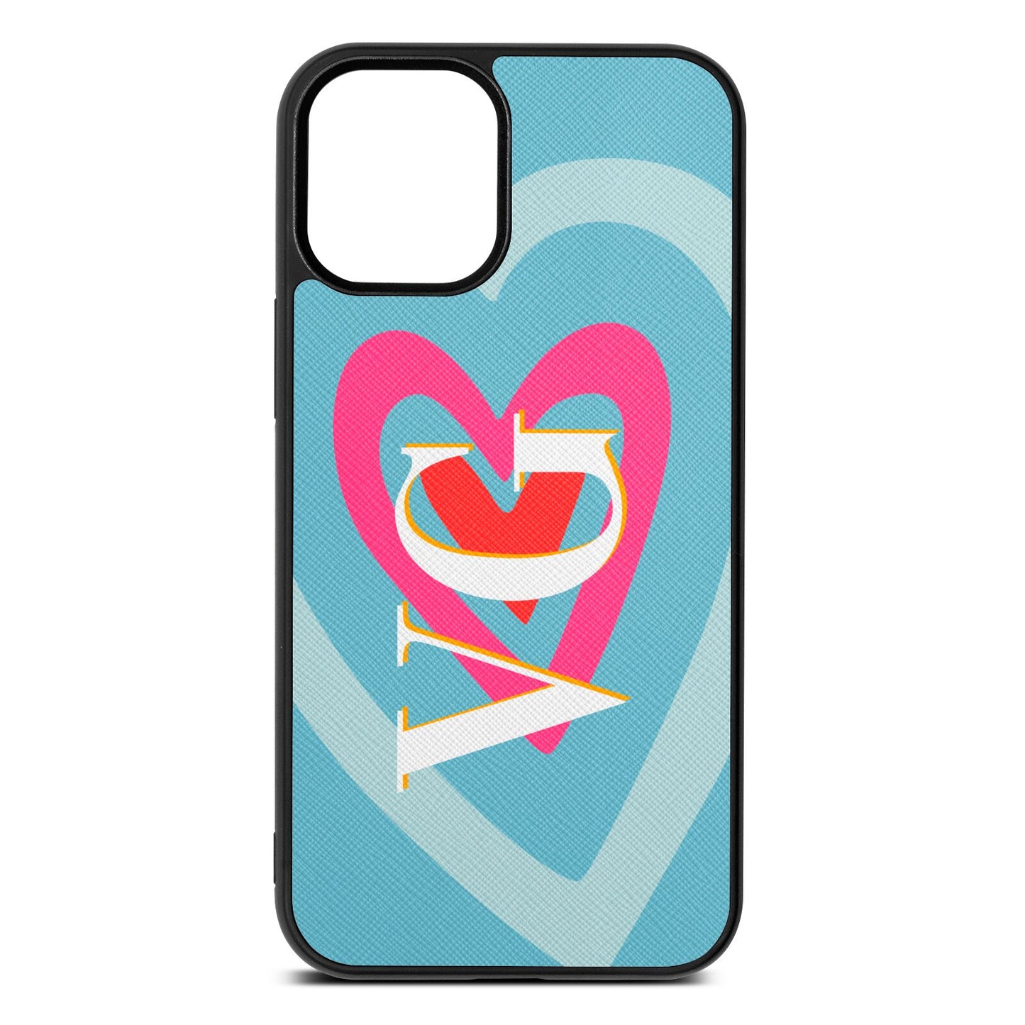 Personalised Initials Heart Sky Saffiano Leather iPhone 12 Mini Case