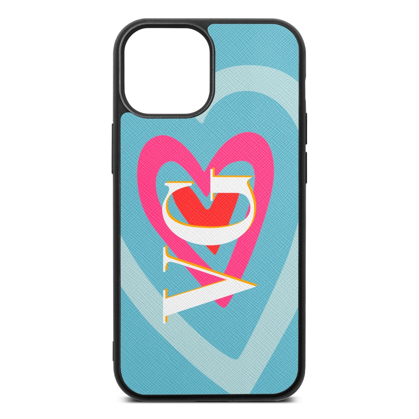 Personalised Initials Heart Sky Saffiano Leather iPhone 13 Mini Case