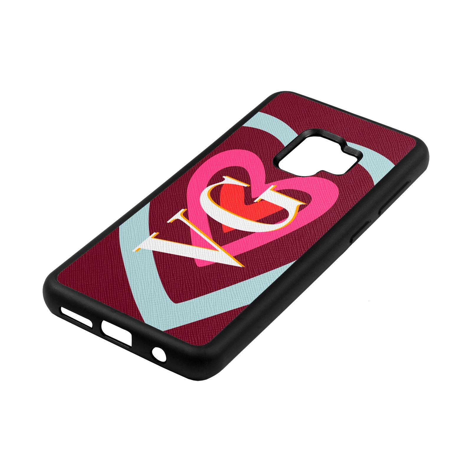 Personalised Initials Heart Wine Red Saffiano Leather Samsung S9 Case Side Angle