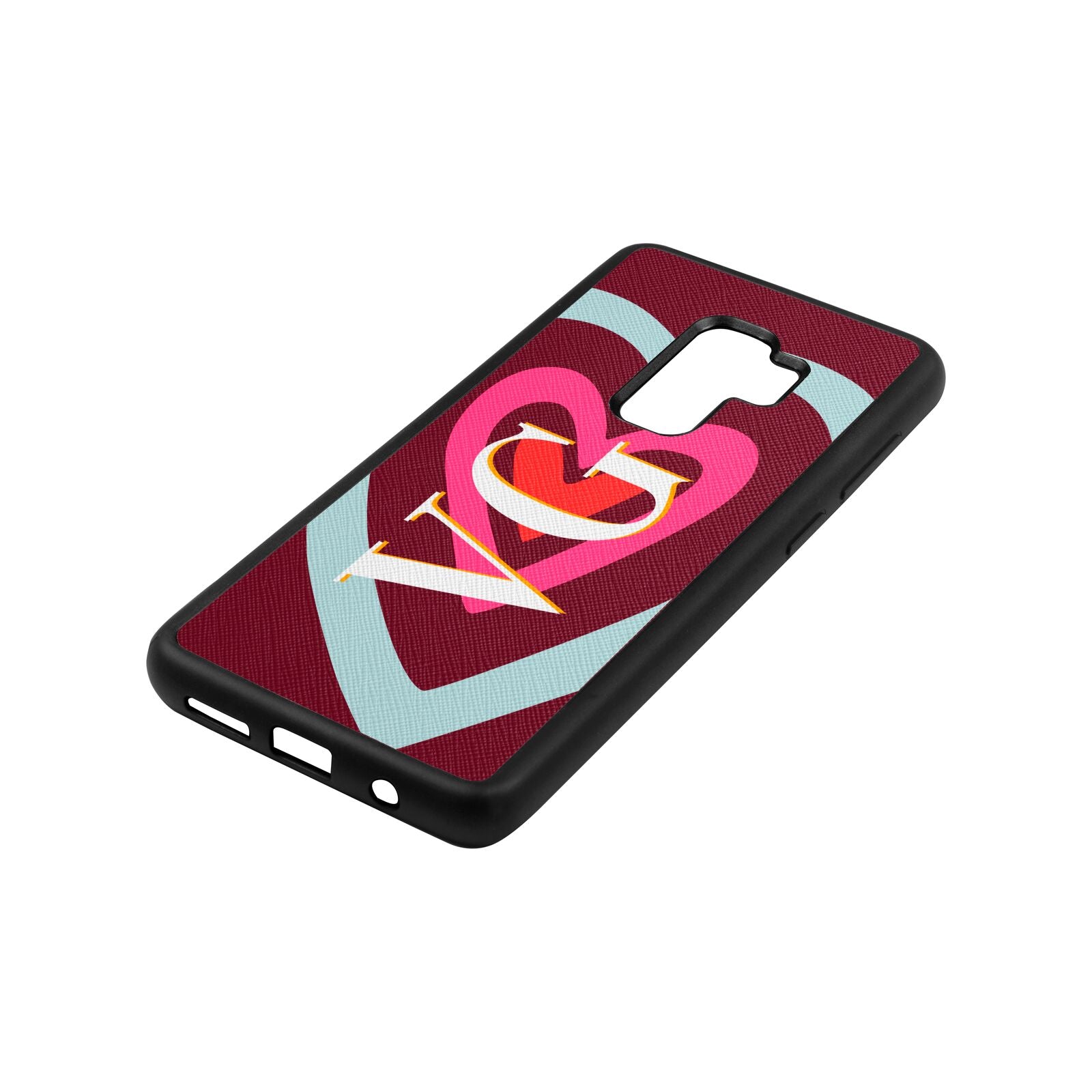 Personalised Initials Heart Wine Red Saffiano Leather Samsung S9 Plus Case Side Angle